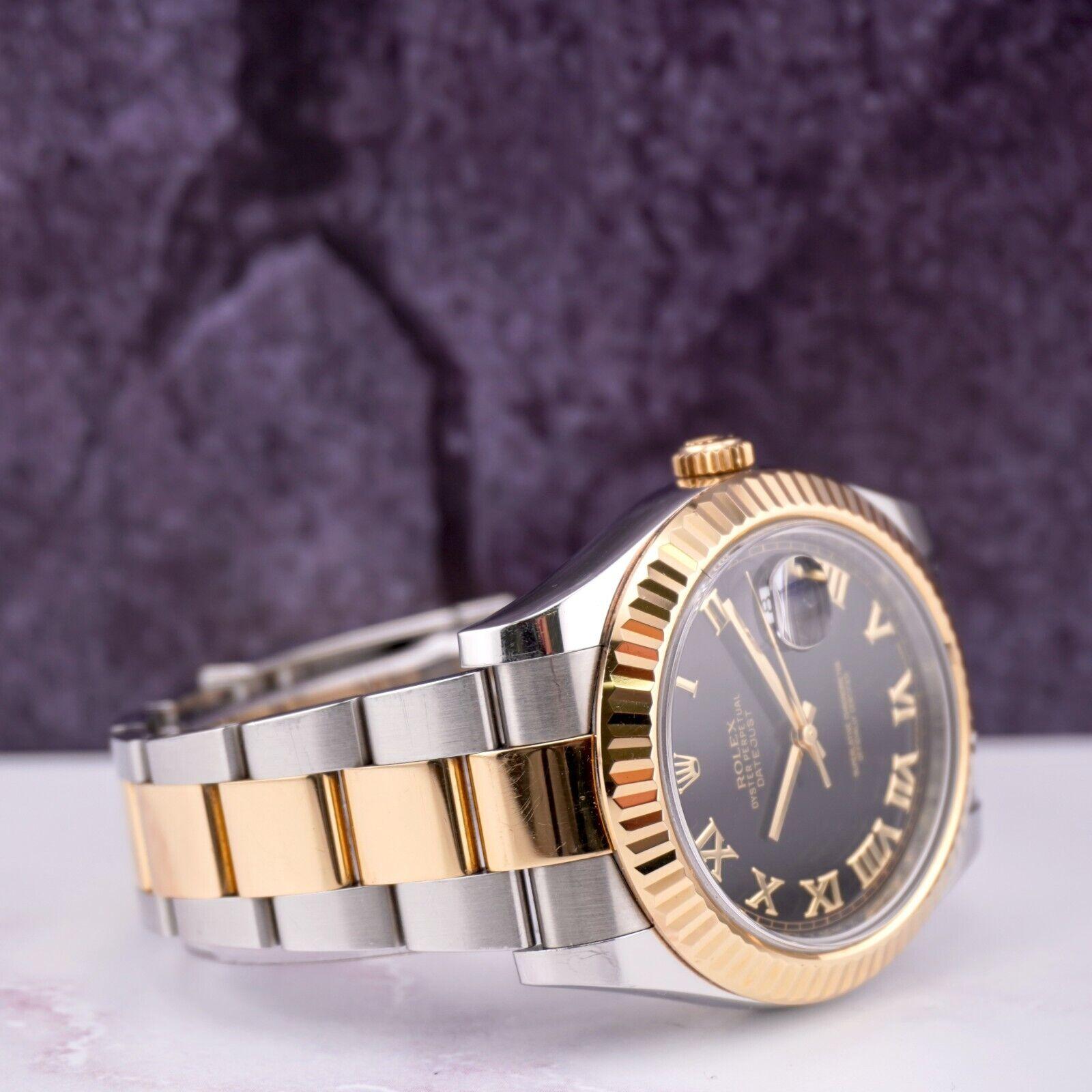 Rolex Men's Datejust II 41mm 18k Gold&Steel Oyster Black Roman Dial Watch 116333 In Good Condition For Sale In Pleasanton, CA