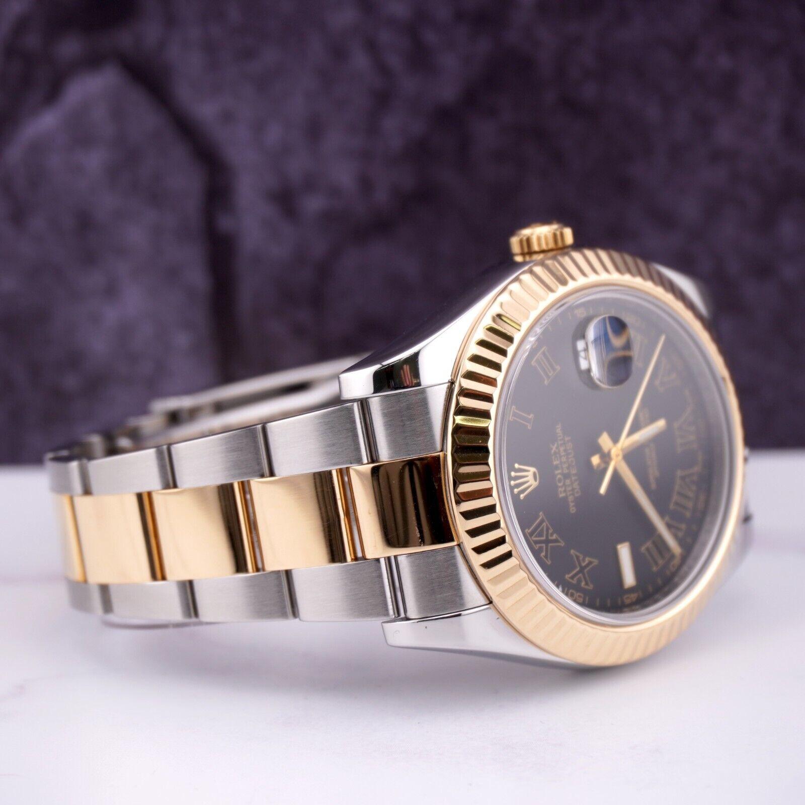 Rolex Men's Datejust II 41mm 18k Gold&Steel Oyster Black Roman Dial Watch 116333 In Excellent Condition For Sale In Pleasanton, CA