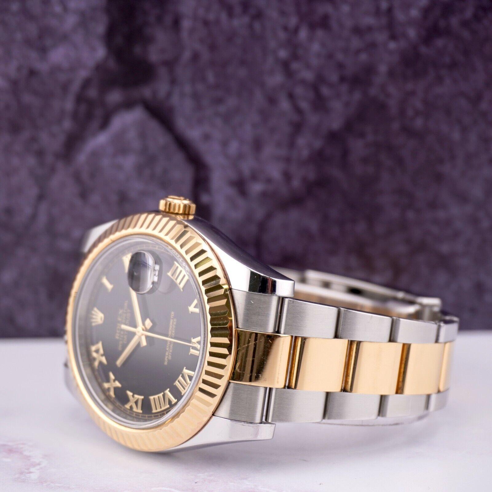 Women's or Men's Rolex Men's Datejust II 41mm 18k Gold&Steel Oyster Black Roman Dial Watch 116333 For Sale