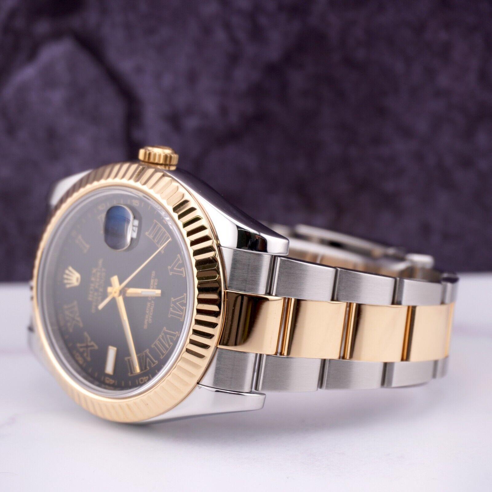 Women's or Men's Rolex Men's Datejust II 41mm 18k Gold&Steel Oyster Black Roman Dial Watch 116333 For Sale