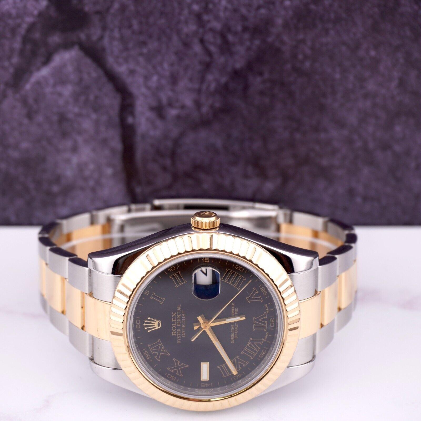 Rolex Men's Datejust II 41mm 18k Gold&Steel Oyster Black Roman Dial Watch 116333 For Sale 4