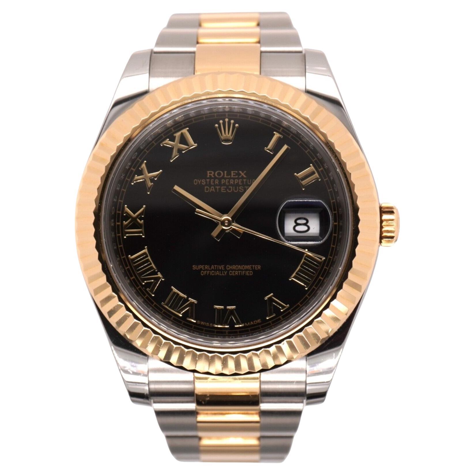 Rolex Men's Datejust II 41mm 18k Gold&Steel Oyster Black Roman Dial Watch 116333 For Sale