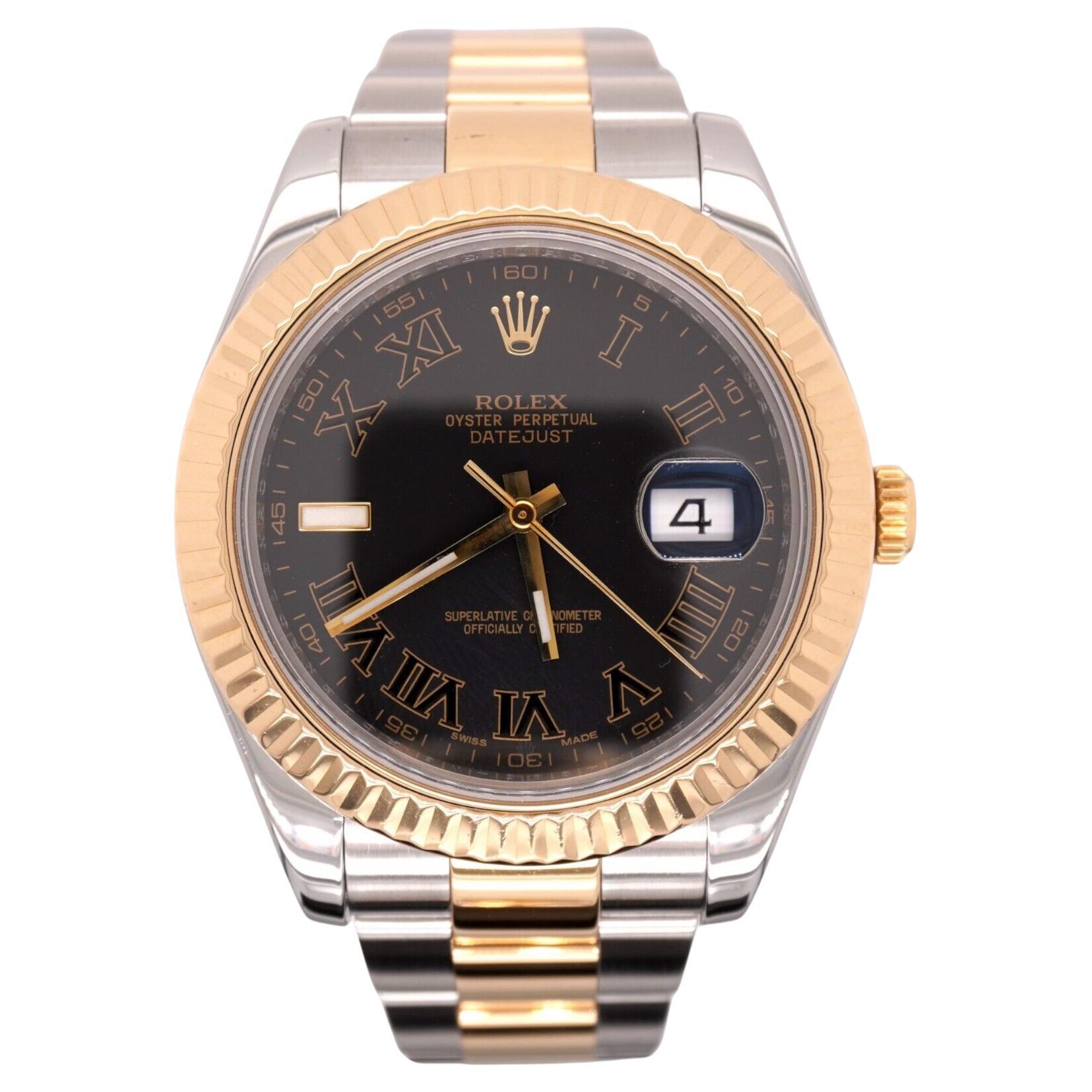 Rolex Men's Datejust II 41mm 18k Gold&Steel Oyster Black Roman Dial Watch 116333 For Sale
