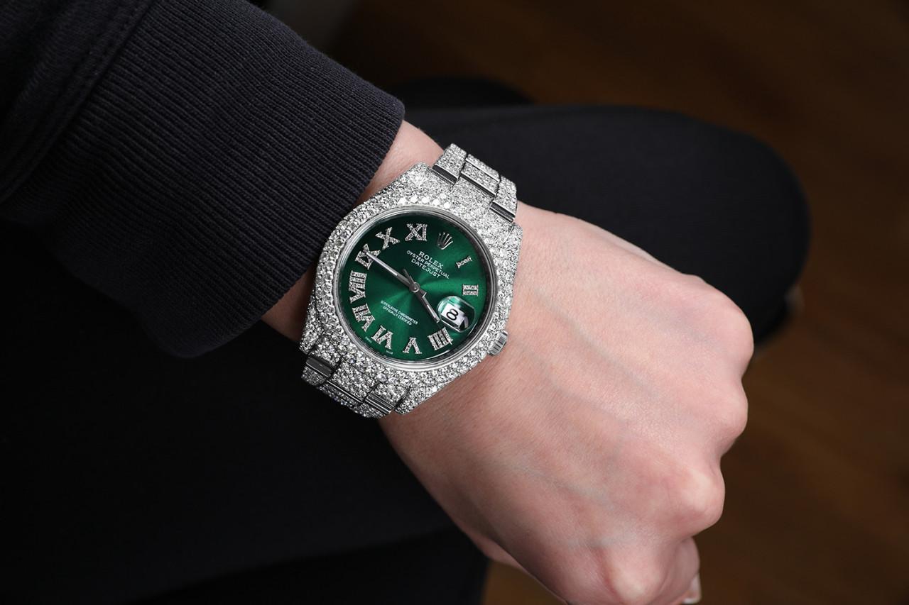 Rolex Mens Datejust II Acier inoxydable Cadran Romain Diamant Vert Full Custom en vente 3