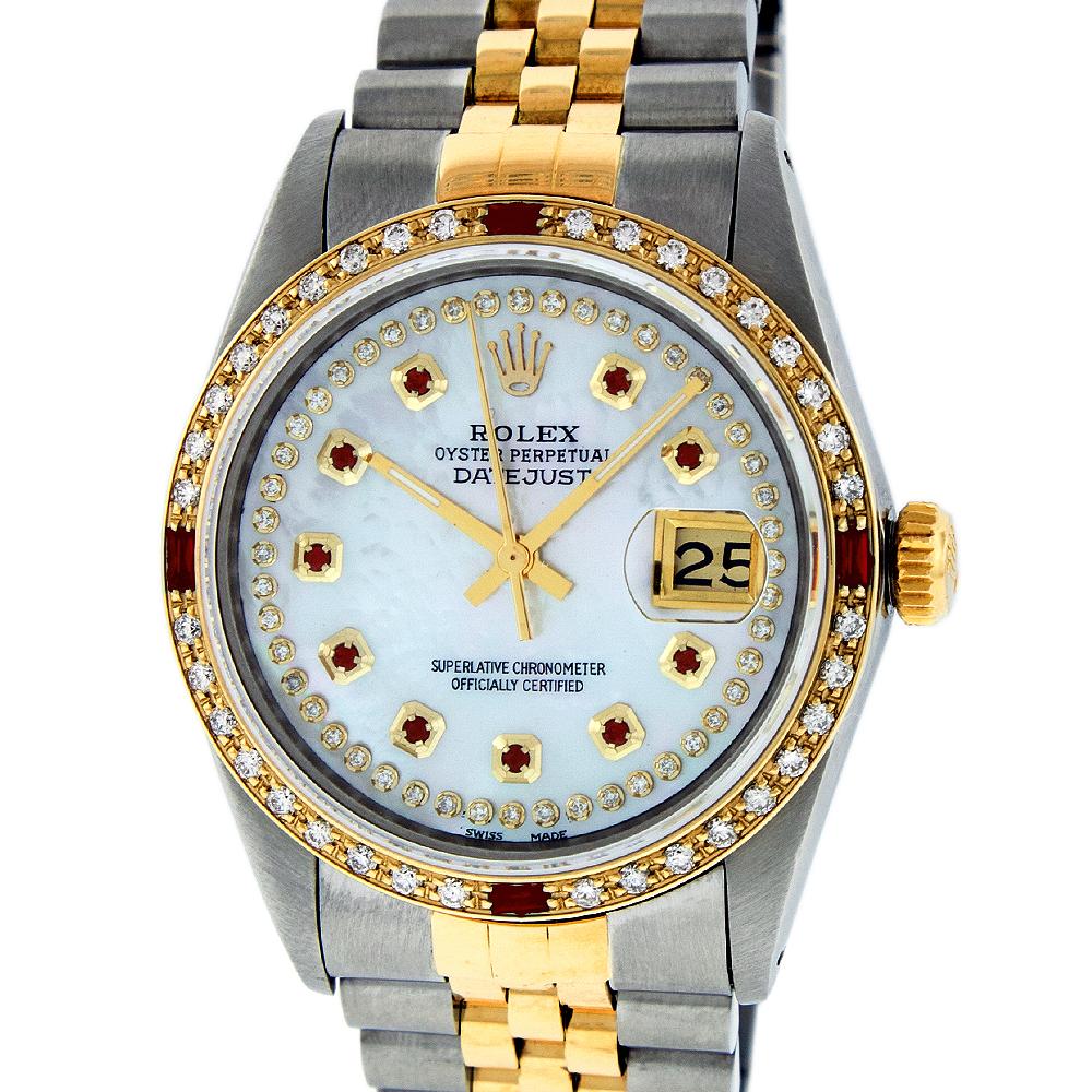 WATCH DESCRIPTION
 
BRAND : Rolex
MODEL : Datejust - 16013
CASE SIZE : 36mm
GENDER : Men's
CASE : Rolex Stainless Steel Case

WATCH FEATURES
 
DIAL : Rolex Professionally Refinished Mother of Pearl Dial set with aftermarket String Diamonds and