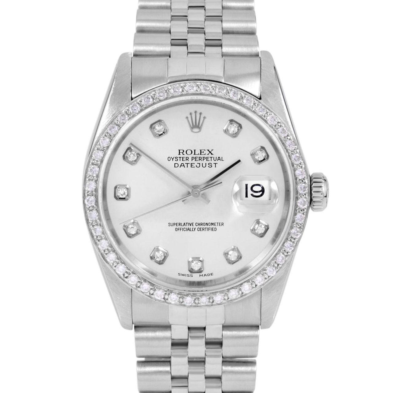 Swiss Wrist - SKU 16014-SLV-DIA-AM-BDS-JBL

Brand : Rolex
Model : Datejust Ref# 16014 - Plastic Quickset Model 
Gender : Mens
Metals :  Stainless Steel
Case Size : 36 mm
Dial : Custom Silver Diamond Dial (This dial is not original Rolex And has been