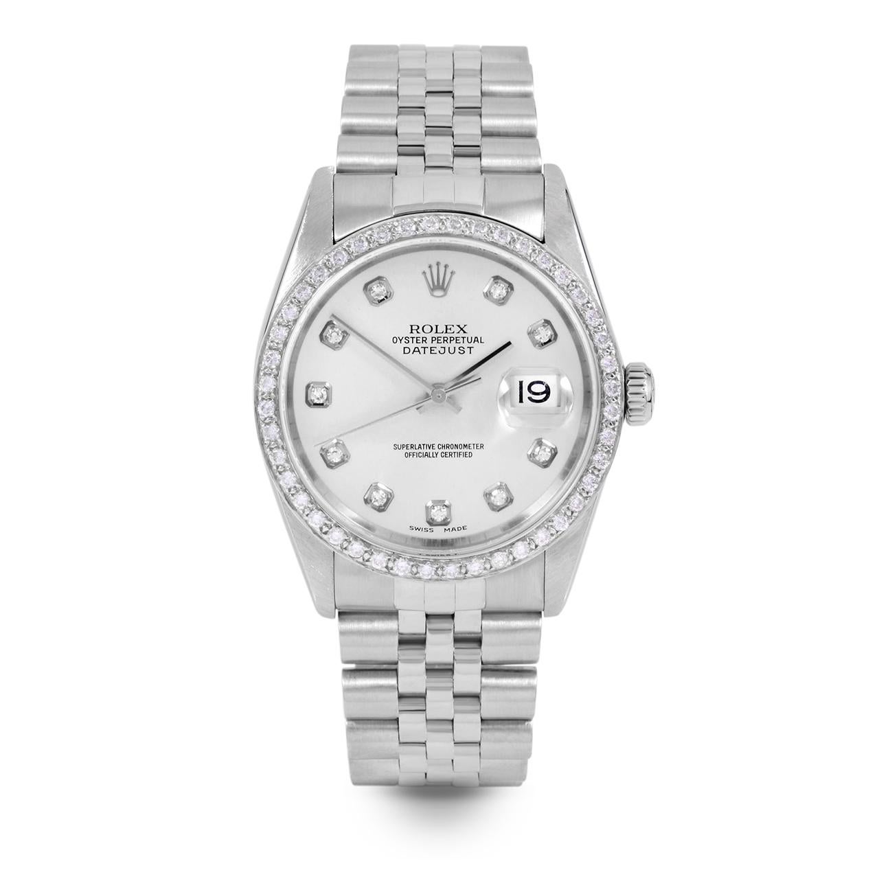 Bead Rolex Mens Datejust Silver Diamond Dial Diamond Bezel Jubilee Watch For Sale