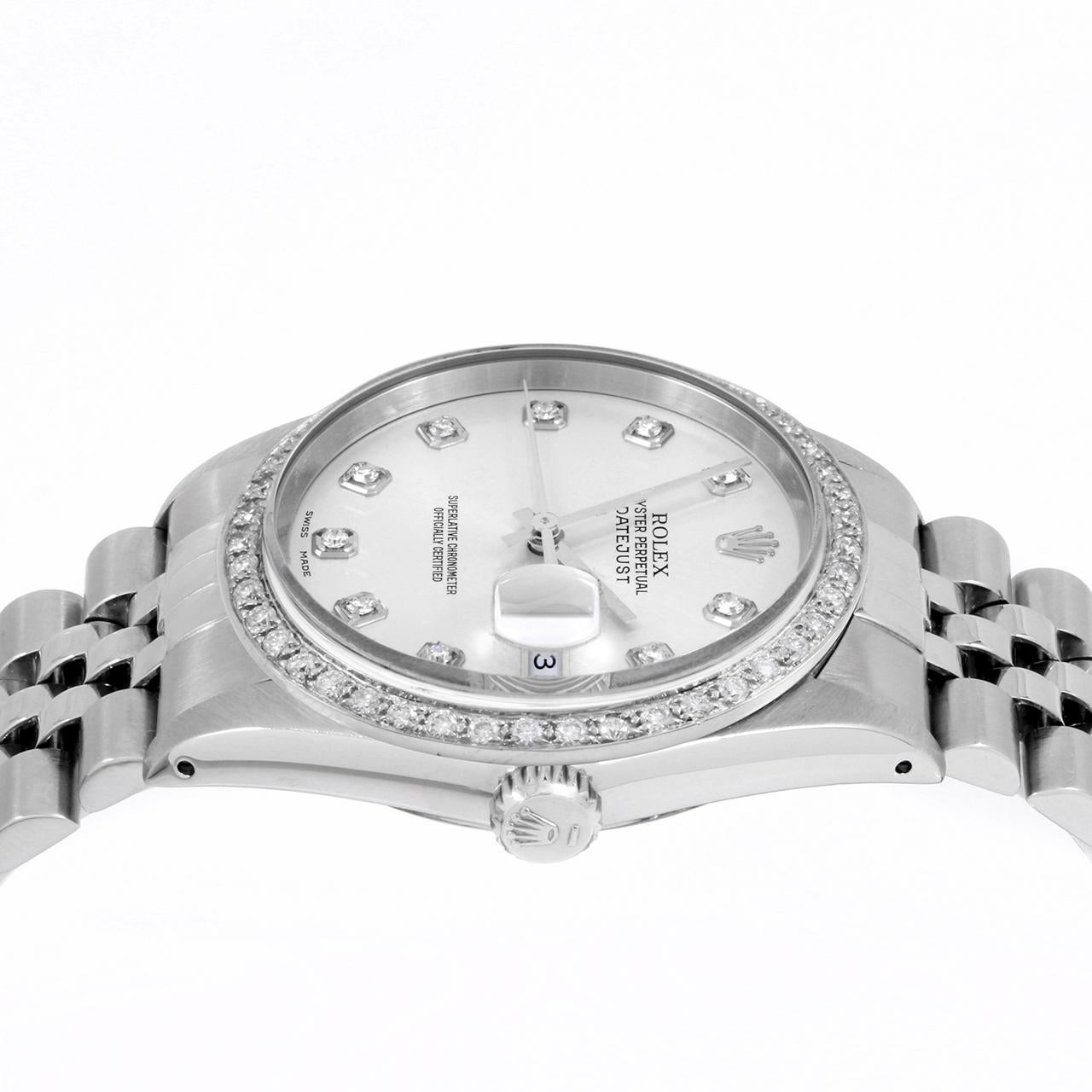 Rolex Mens Datejust Silver Diamond Dial Diamond Bezel Jubilee Watch In Good Condition For Sale In San Pedro, CA