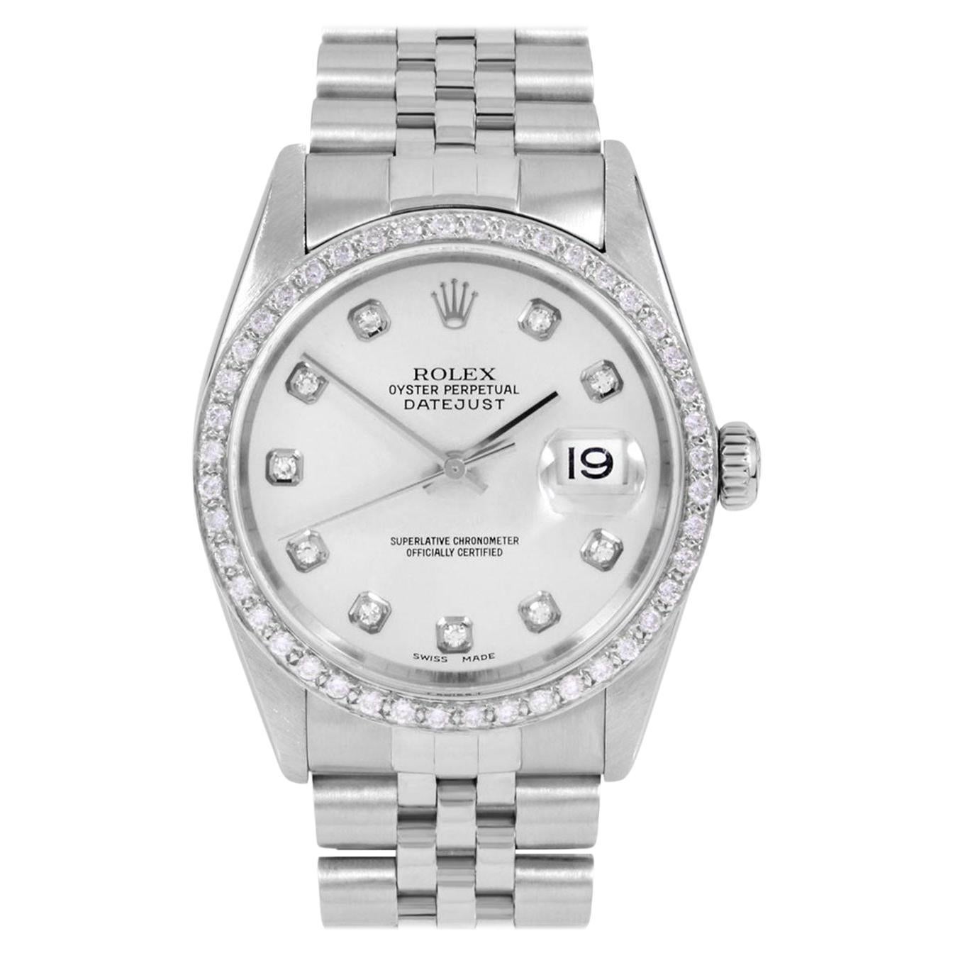 Rolex Mens Datejust Silver Diamond Dial Diamond Bezel Jubilee Watch For Sale