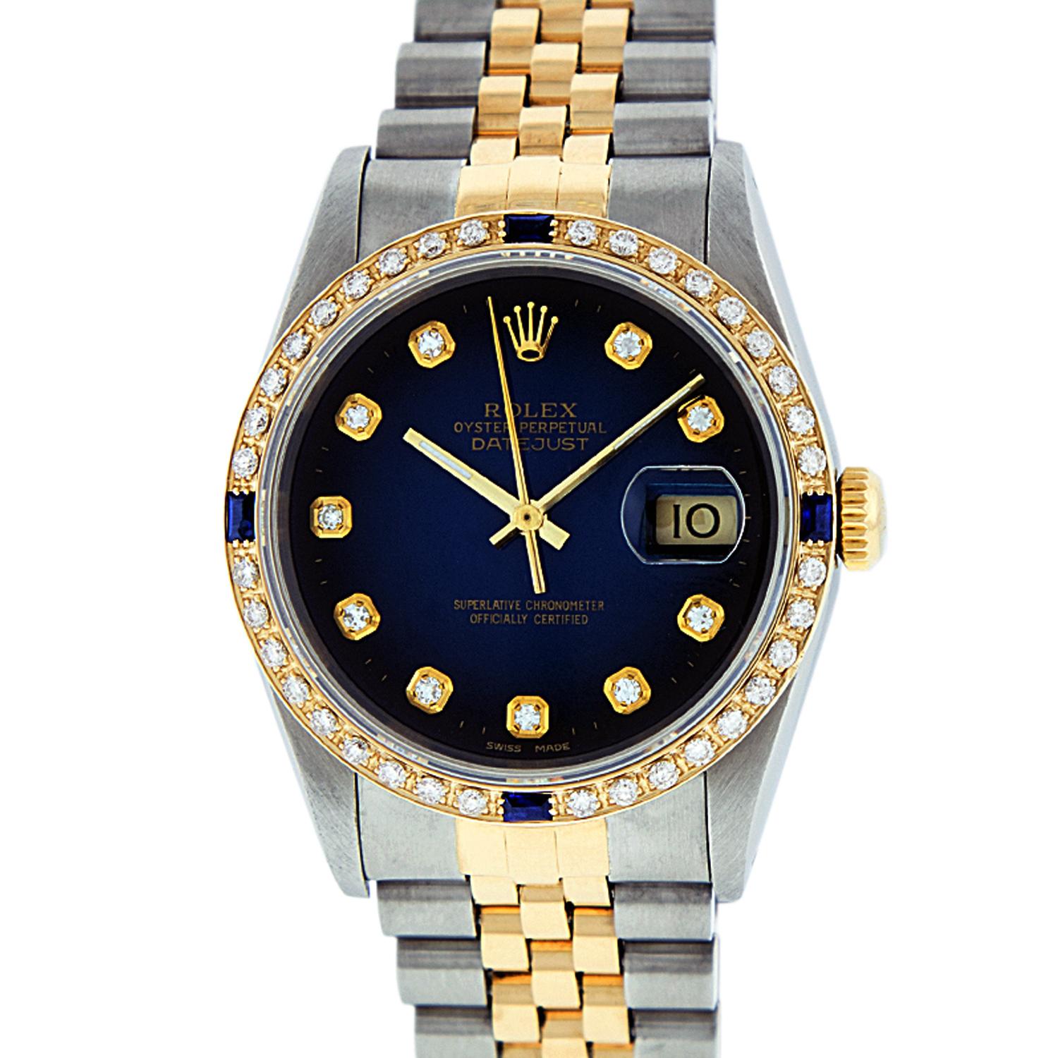 WATCH DESCRIPTION

BRAND : Rolex
MODEL : Datejust
CASE SIZE : 36mm
GENDER : Men's

WATCH FEATURES
DIAL : Rolex Professionally Custom Refinished Blue With Diamond Hour Markers And Dash Track
BEZEL : Custom 18K Yellow Bead-Set Bezel set with Genuine