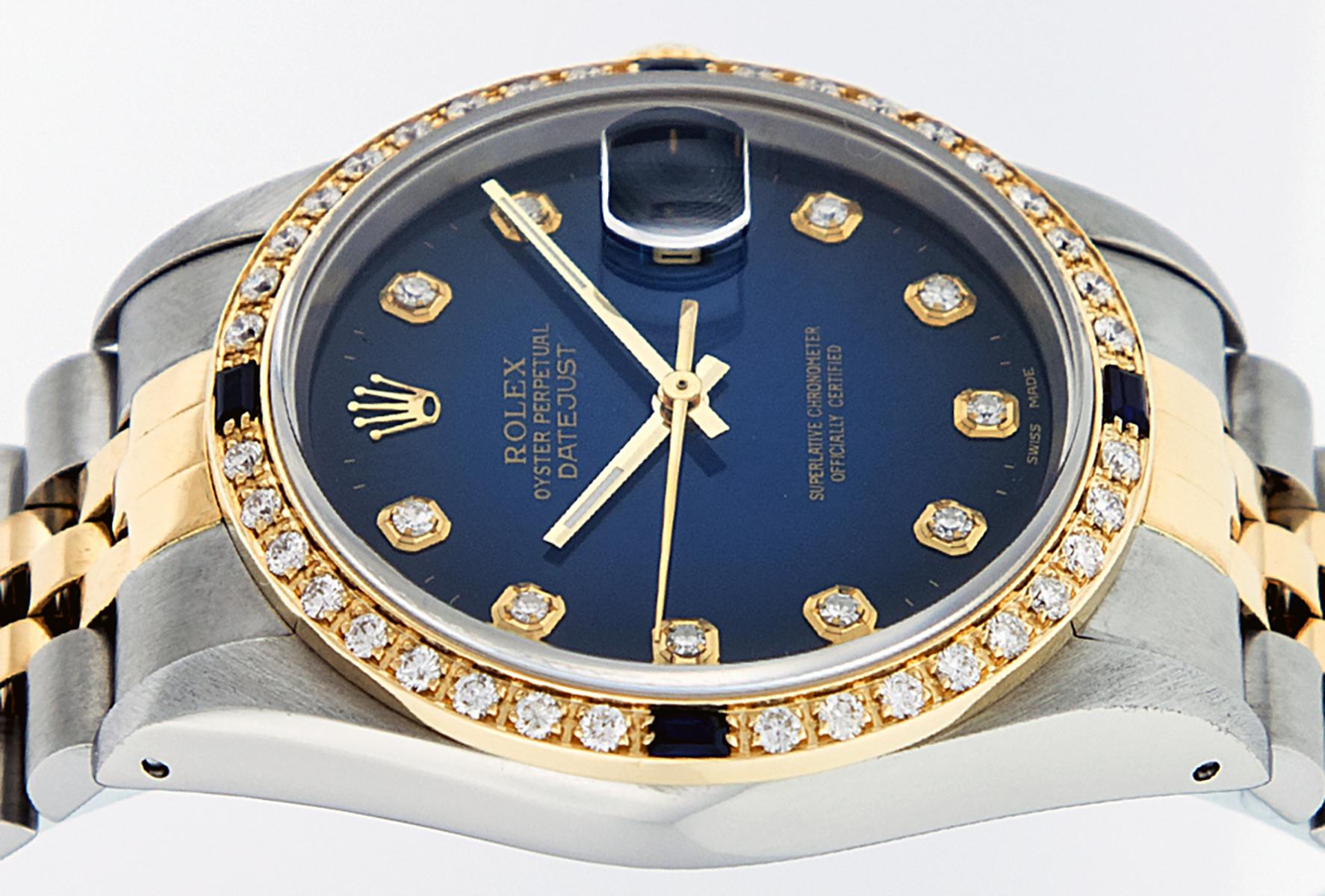 Round Cut Rolex Men's Datejust SS and 18 Karat Yellow Gold Blue Diamond and Sapphire Watch