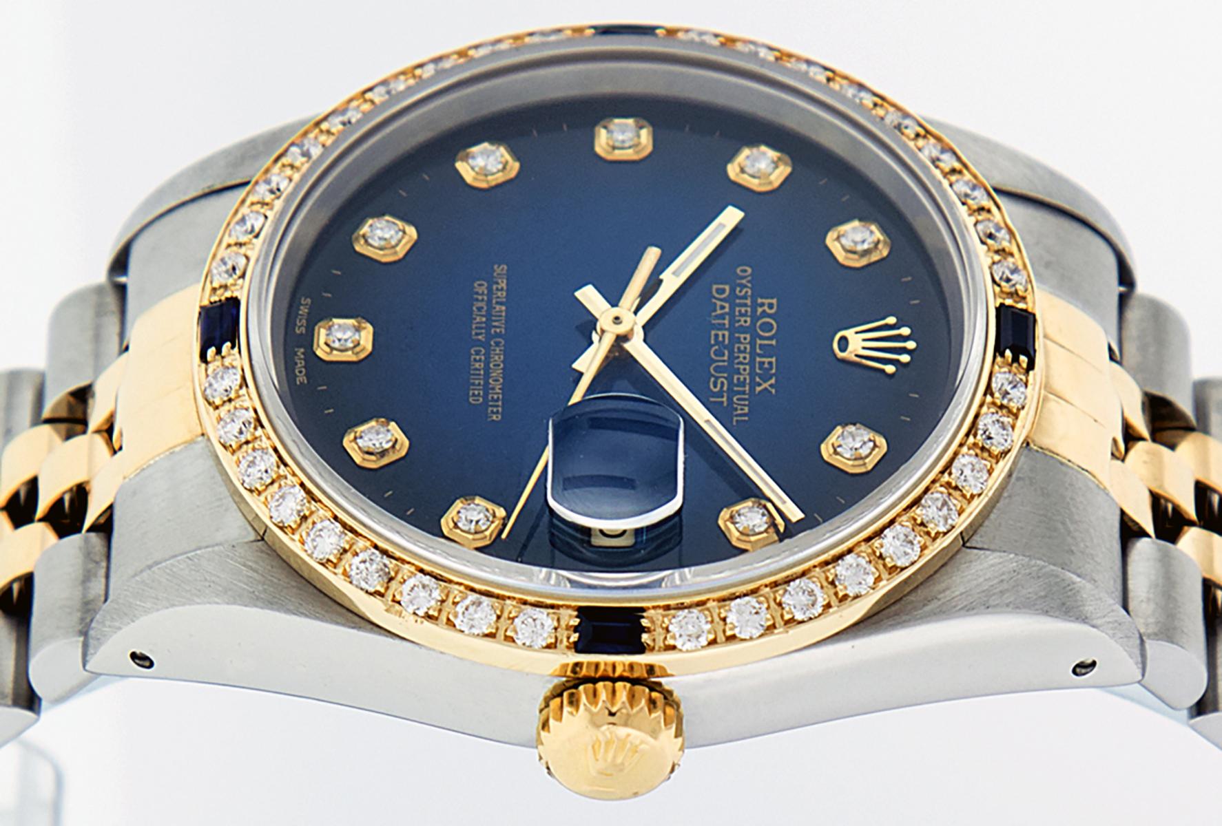 Rolex Men's Datejust SS and 18 Karat Yellow Gold Blue Diamond and Sapphire Watch In Good Condition In Los Angeles, CA