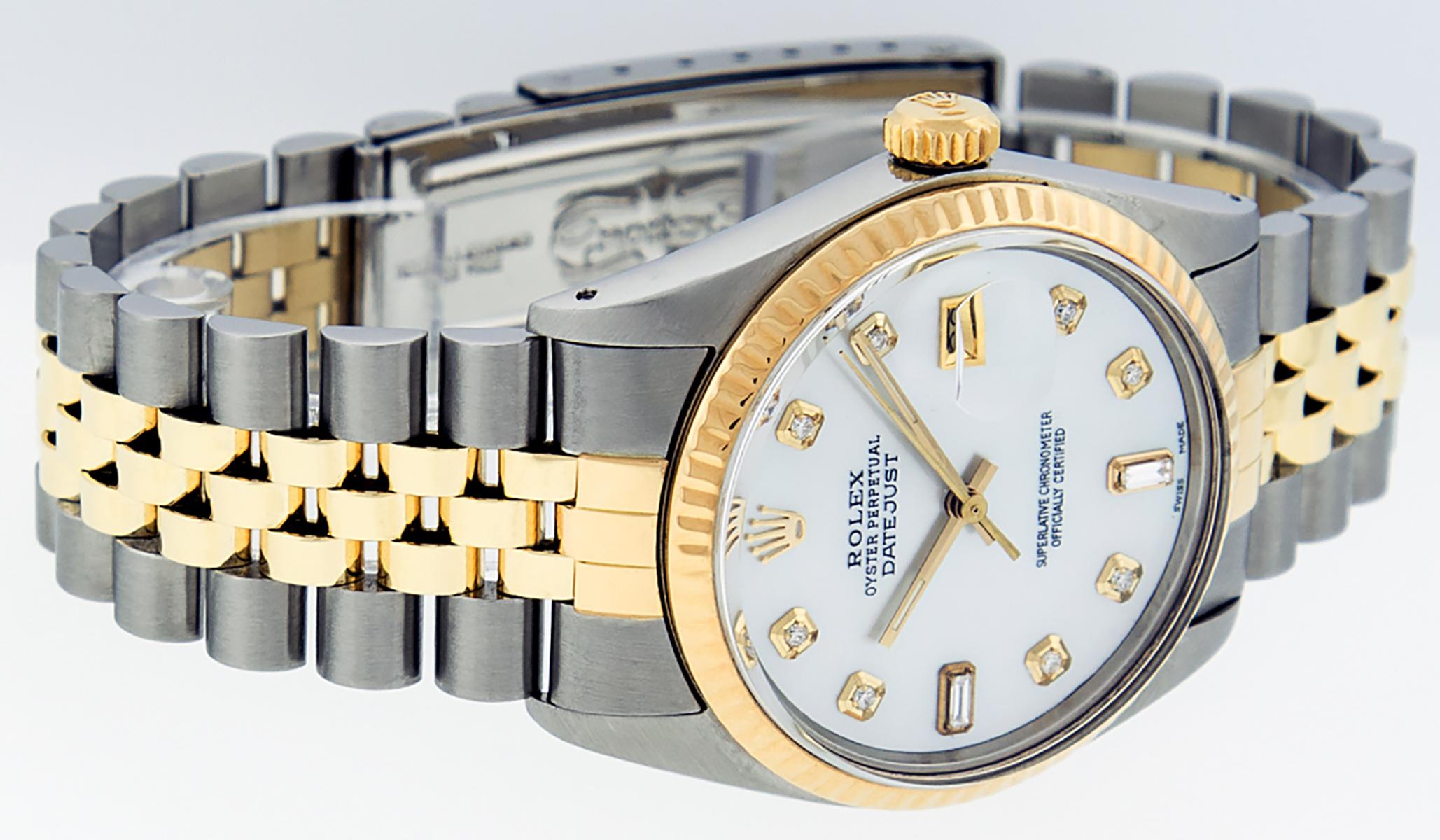 WATCH DESCRIPTION
 
BRAND : Rolex
MODEL : Datejust
CASE SIZE : 36mm
GENDER : Men's

WATCH FEATURES
 
DIAL : Refinished Mother of Pearl Dial set with Aftermarket Genuine 8 Round Diamond and 2 Baguette Diamond Hour Markers 
BEZEL : Rolex Yellow Gold