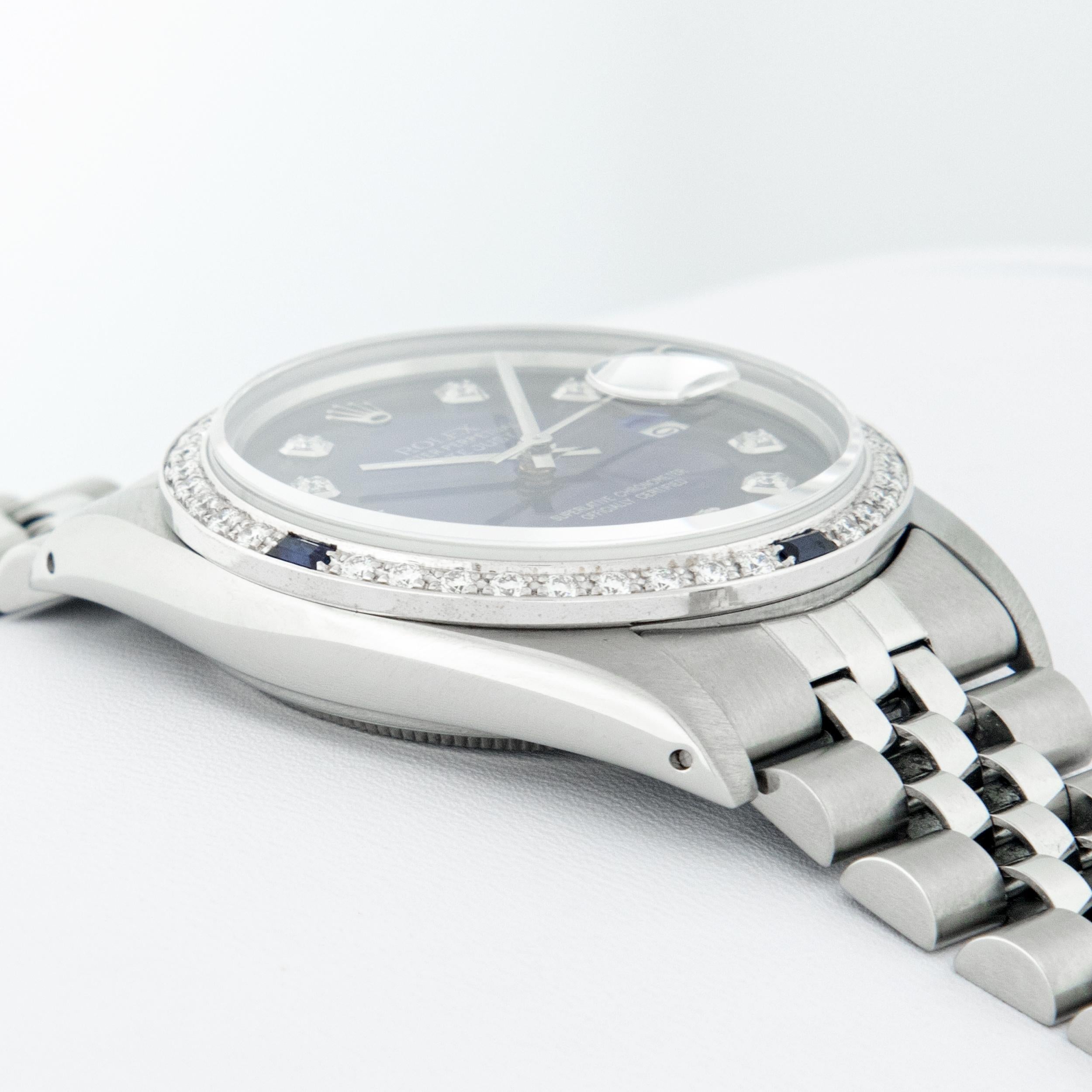 Rolex Men's Datejust SS & 18K White Gold Blue Vignette Diamond & Sapphire Watch For Sale 7