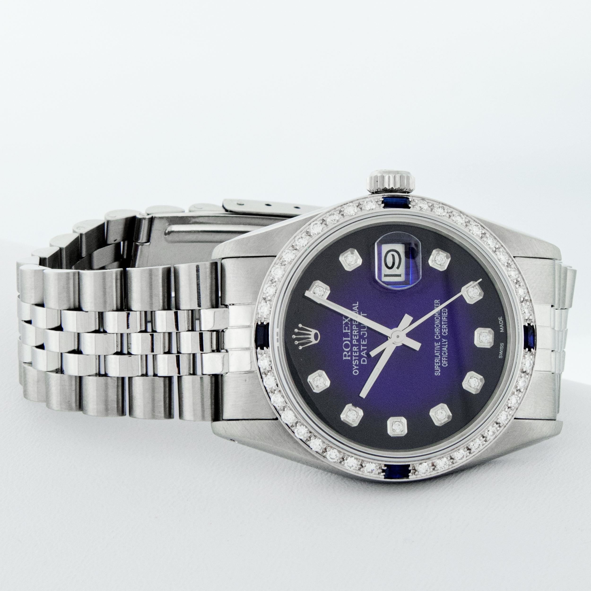 Round Cut Rolex Men's Datejust SS & 18K White Gold Blue Vignette Diamond & Sapphire Watch For Sale