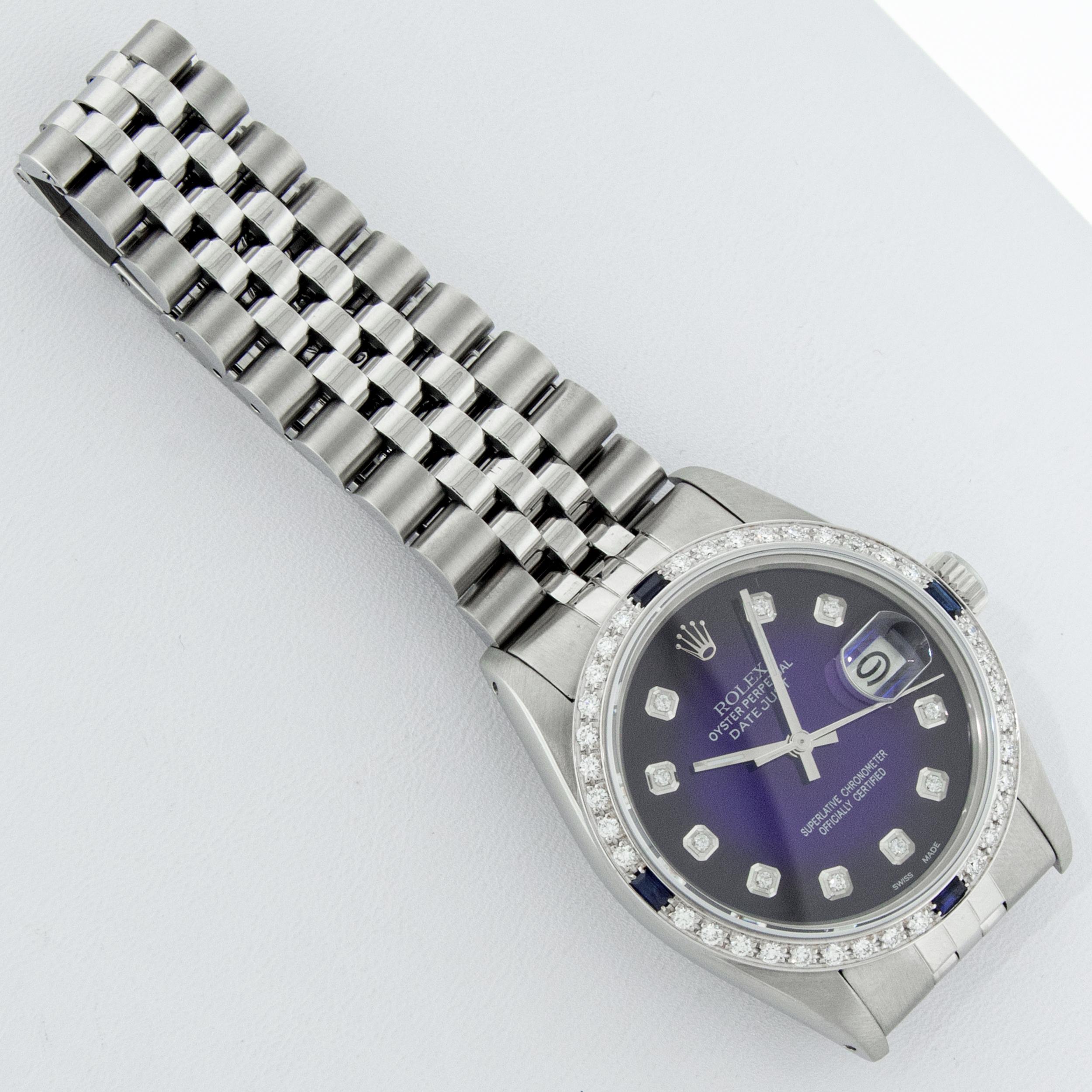 Rolex Men's Datejust SS & 18K White Gold Blue Vignette Diamond & Sapphire Watch For Sale 1