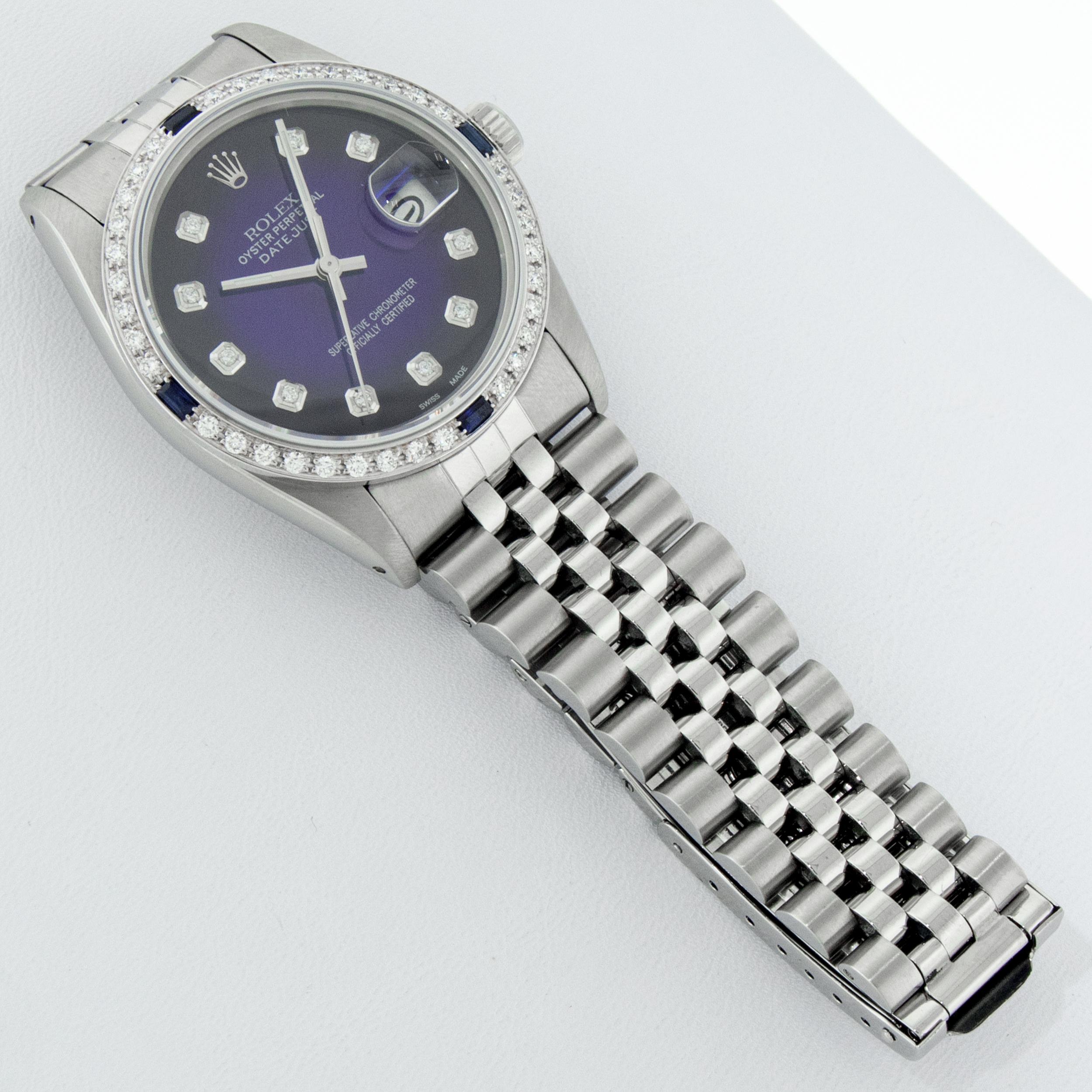Rolex Men's Datejust SS & 18K White Gold Blue Vignette Diamond & Sapphire Watch For Sale 2