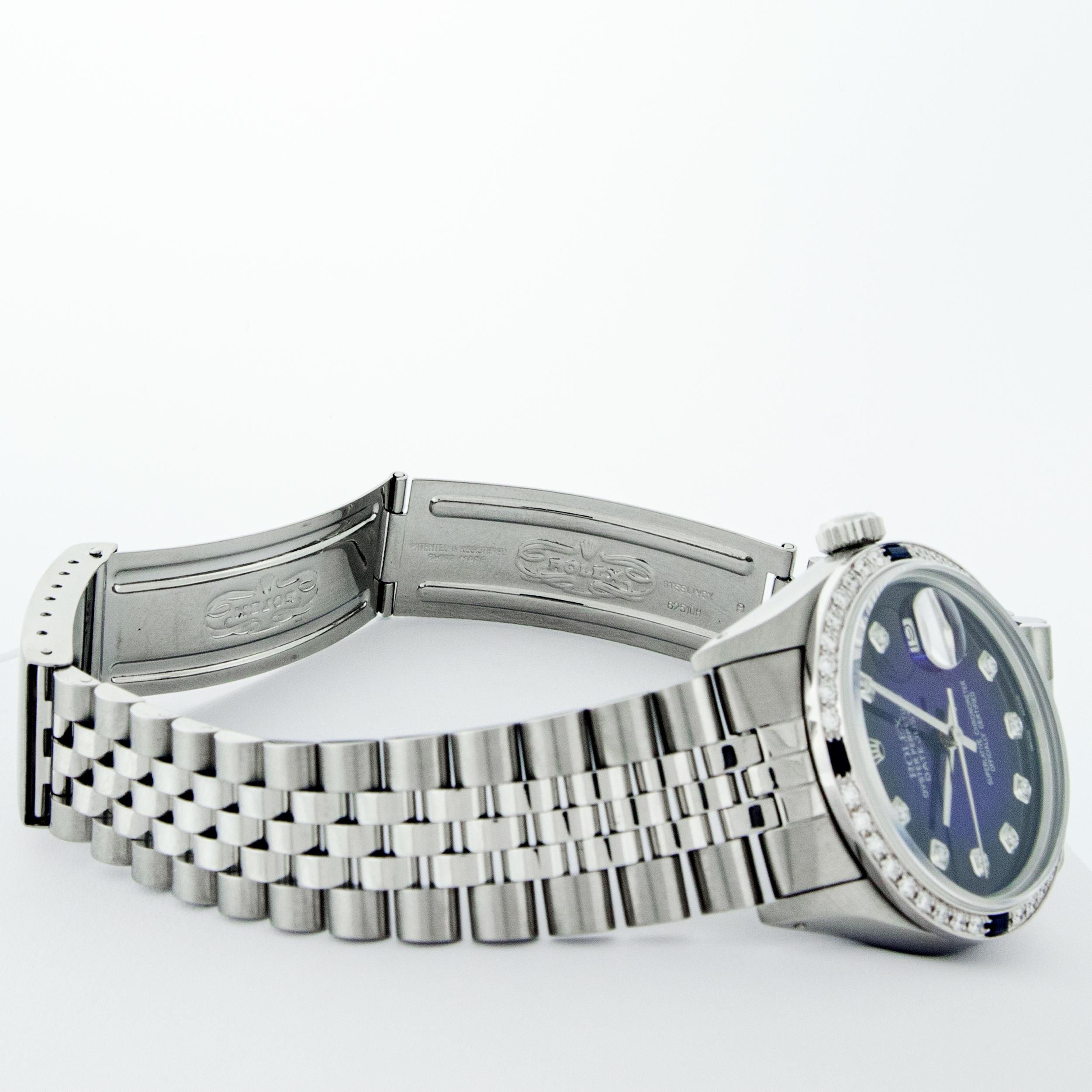 Rolex Men's Datejust SS & 18K White Gold Blue Vignette Diamond & Sapphire Watch For Sale 3