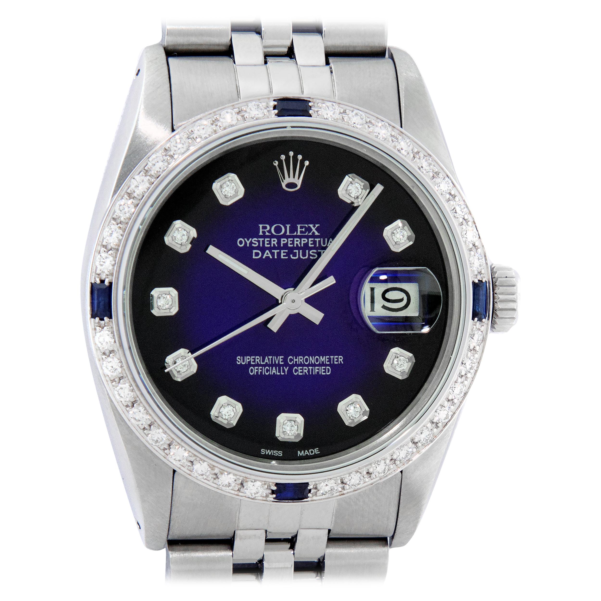 Rolex Men's Datejust SS & 18K White Gold Blue Vignette Diamond & Sapphire Watch For Sale