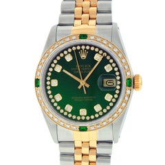 Rolex Men's Datejust SS and 18 Karat Yellow Gold Green Diamond Dial Emerald