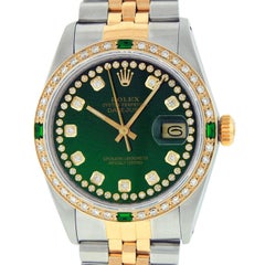 Rolex Men's Datejust SS and 18 Karat Yellow Gold Green Diamond Dial Emerald