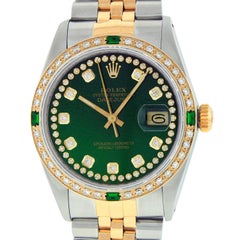 Vintage Rolex Men's Datejust SS and 18 Karat Yellow Gold Green Diamond Dial Emerald