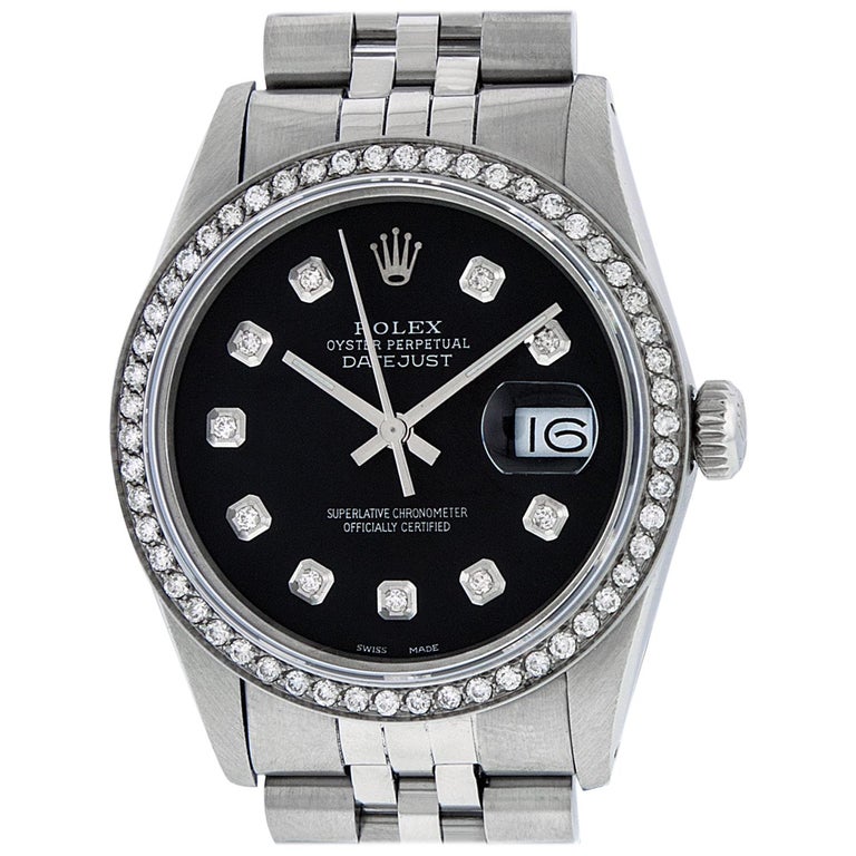 Rolex Men's Datejust Stainless Steel Black Diamond Watch For Sale at
