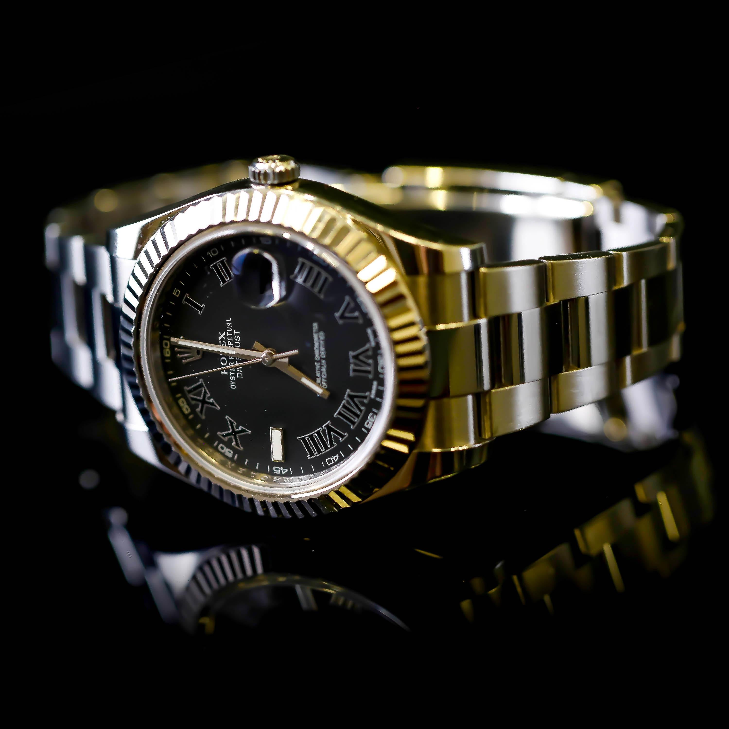 Rolex Men's Datejust Stainless Steel Black Roman Numeral Fluted Bezel Watch 7