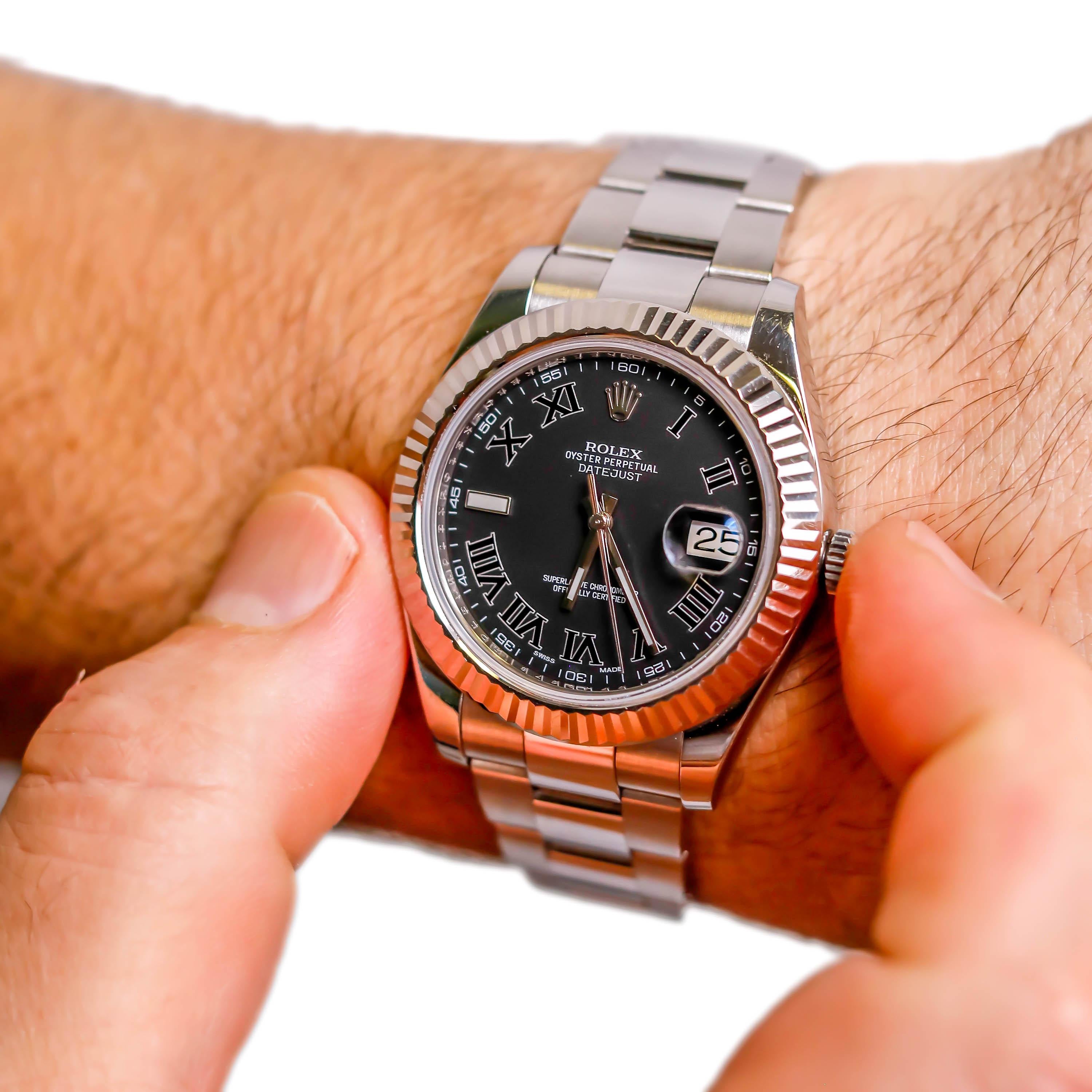 Rolex Men's Datejust Stainless Steel Black Roman Numeral Fluted Bezel Watch 3