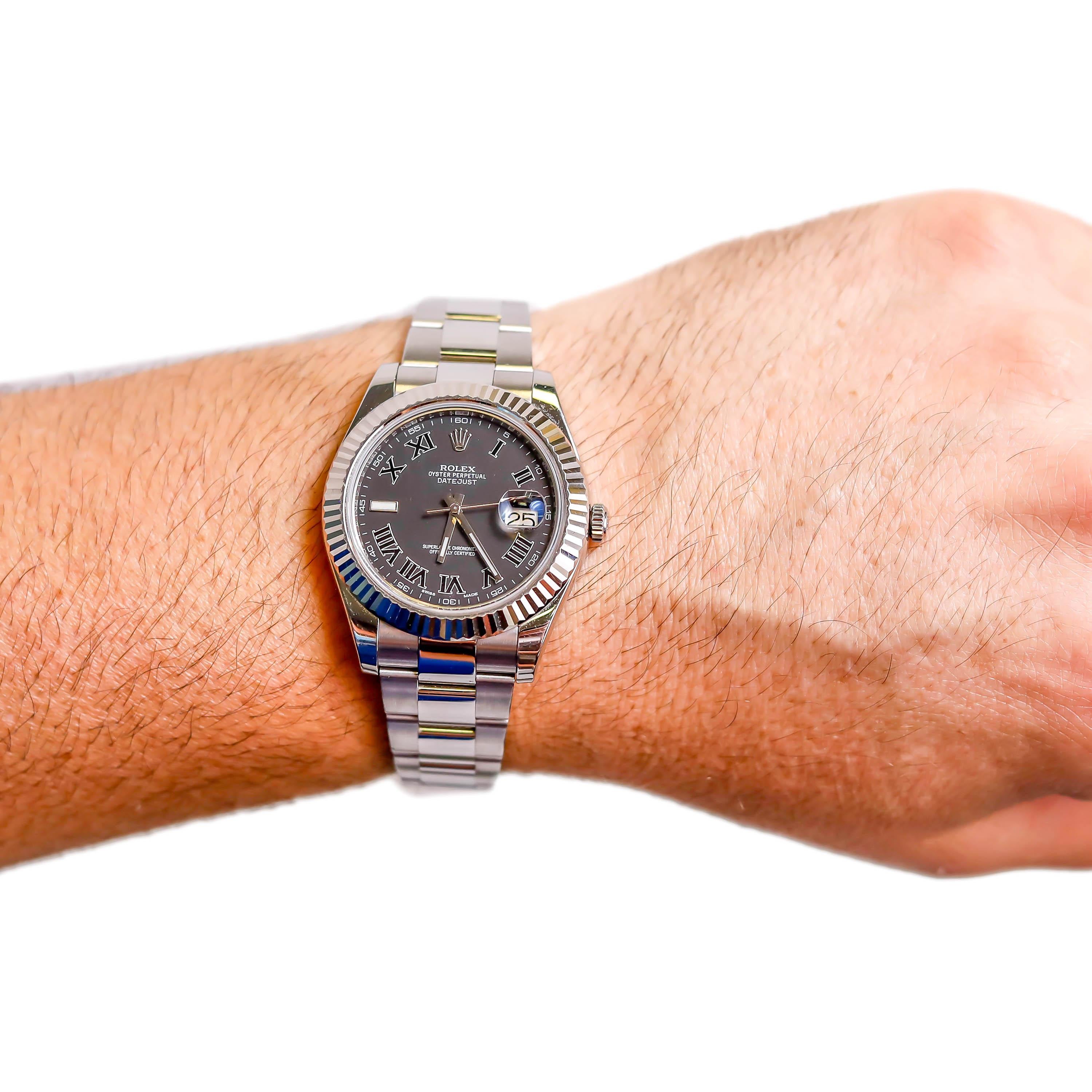 Rolex Men's Datejust Stainless Steel Black Roman Numeral Fluted Bezel Watch 5