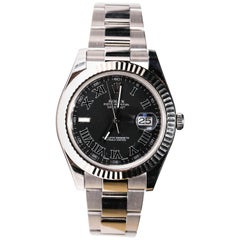 Used Rolex Men's Datejust Stainless Steel Black Roman Numeral Fluted Bezel Watch