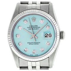 Vintage Rolex Men's Datejust Watch S/S and White Gold Ice Blue Diamond Dial Fluted Bezel