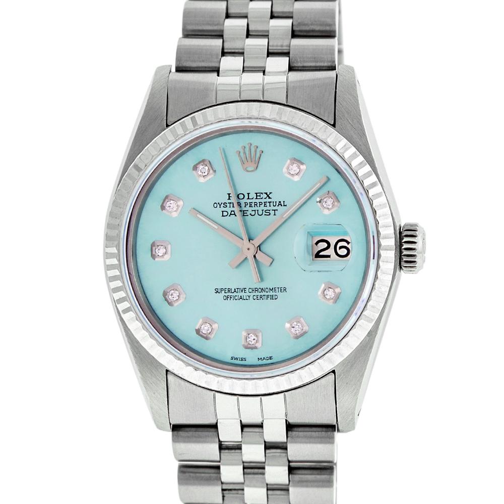 WATCH DESCRIPTION
 
BRAND : Rolex
MODEL : Datejust
CASE SIZE : 36mm
CASE : Rolex Stainless Steel Case
GENDER : Men's

WATCH FEATURES
 
DIAL : Rolex Professionally Refinished Ice Blue Dial set with Aftermarket Genuine Round Diamond Hour Markers
BEZEL