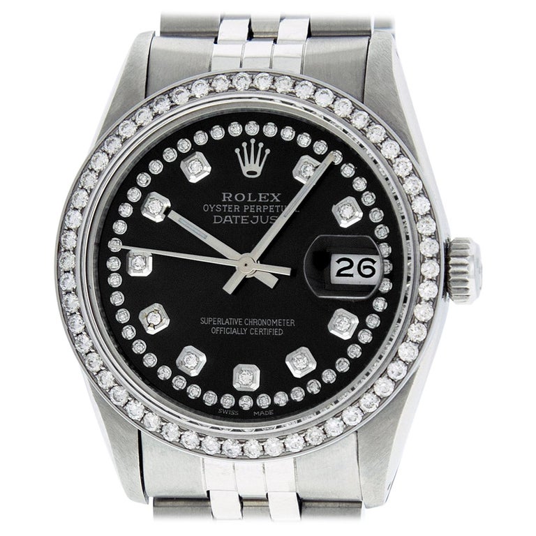 Rolex Men's Datejust Watch Stainless Steel Black String Diamond Dial ...