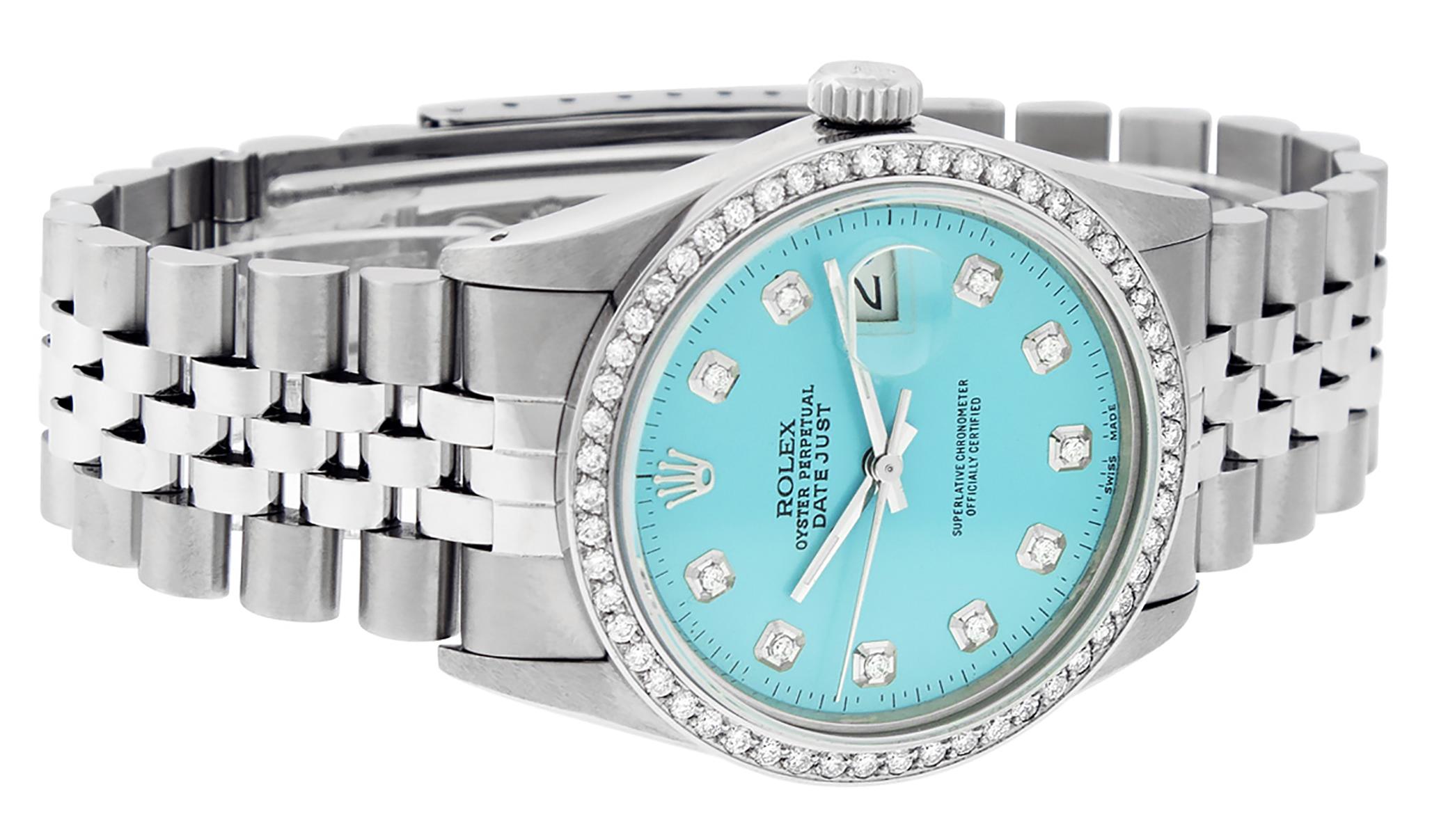 Round Cut Rolex Men's Datejust Watch Stainless Steel Blue Diamond Dial