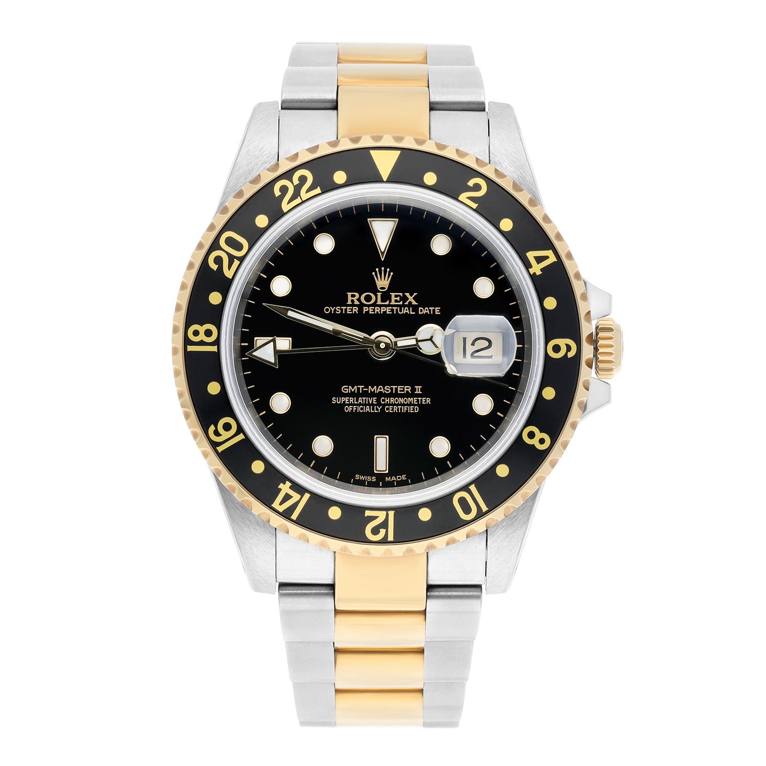 The Rolex Men's GMT-Master II 16713 is a timeless blend of luxury and functionality, featuring a striking 18K gold and stainless steel construction. With its iconic black dial and 40mm size, this vintage timepiece exudes classic elegance. Watch in