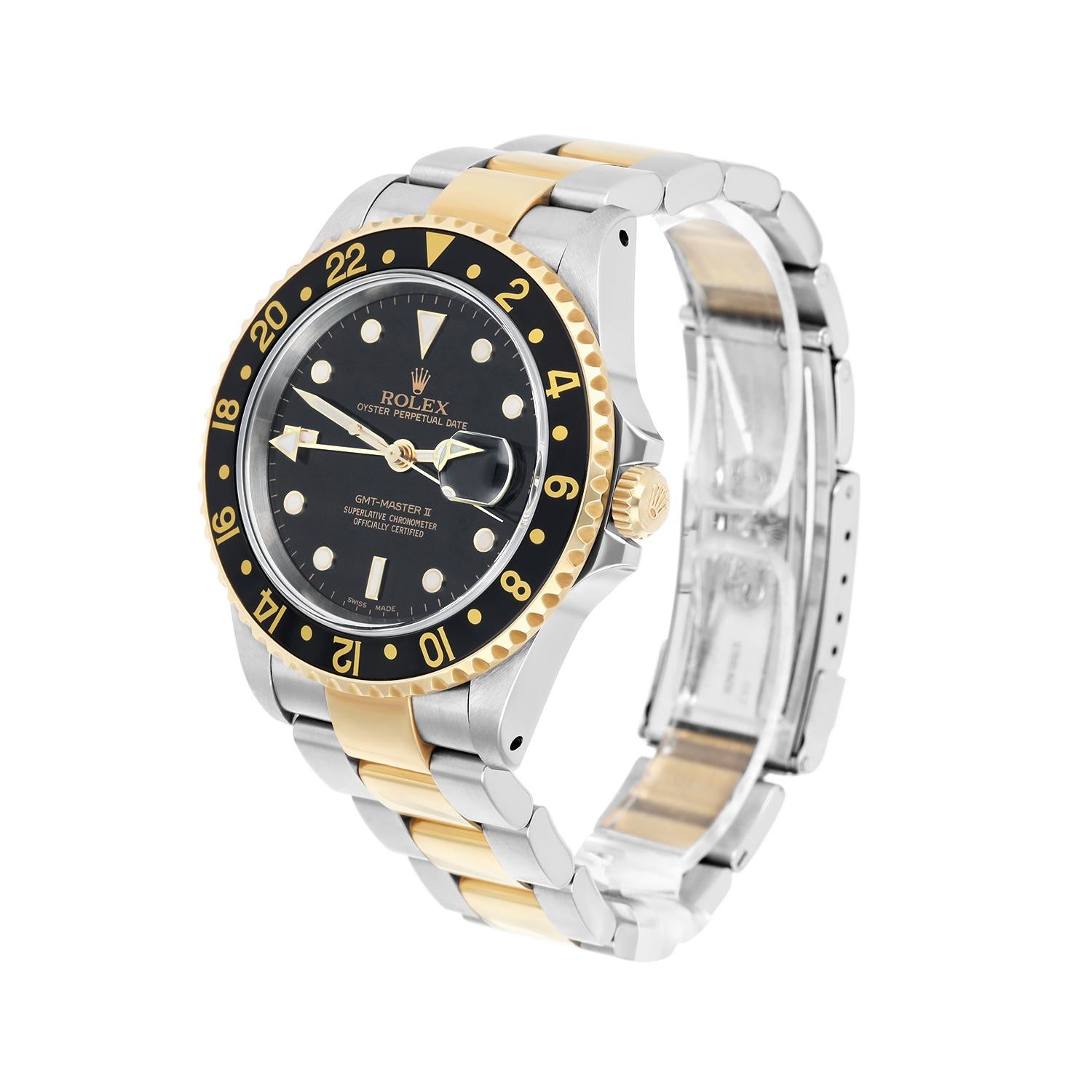 Modern Rolex Mens Gmt-Master II 16713 18K & Stainless Steel Black Dial 40mm Watch
