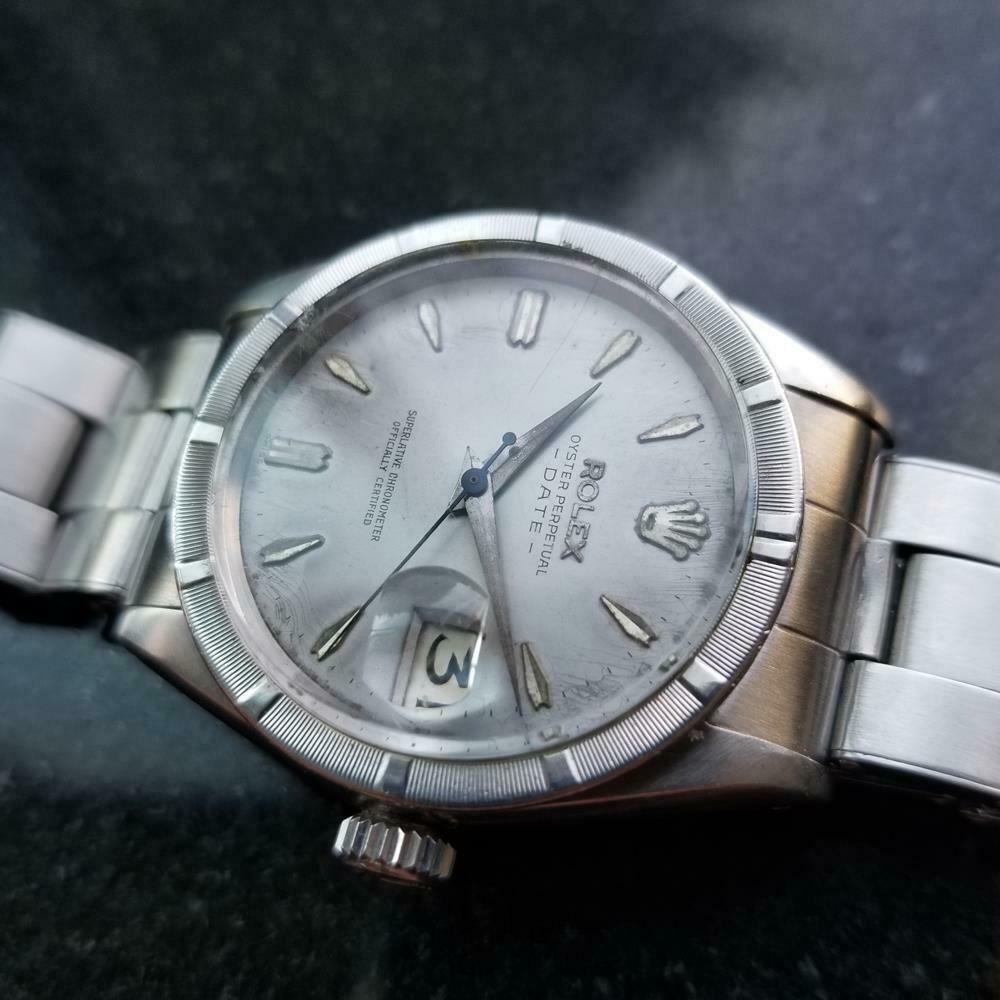 Timeless icon, men's Rolex Oyster Perpetual Date 1501 automatic, c.1960, all original. Verified authentic by a master watchmaker. Gorgeous, aged silver Rolex signed dial, applied indice hour markers, silver minute and hour hands, date display at the