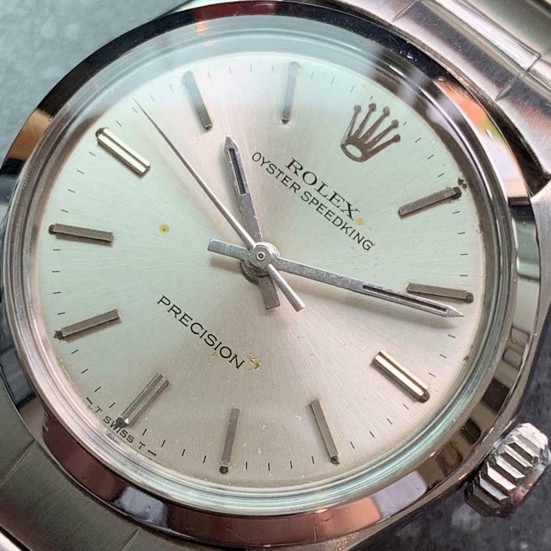 Timeless icon, men's all-stainless steel midsize Rolex Oyster Speedking Precision 6430 hand-wind, c.1960s, all original. Verified authentic by a master watchmaker. Gorgeous, original silver Rolex dial, applied silver indice hour markers, silver