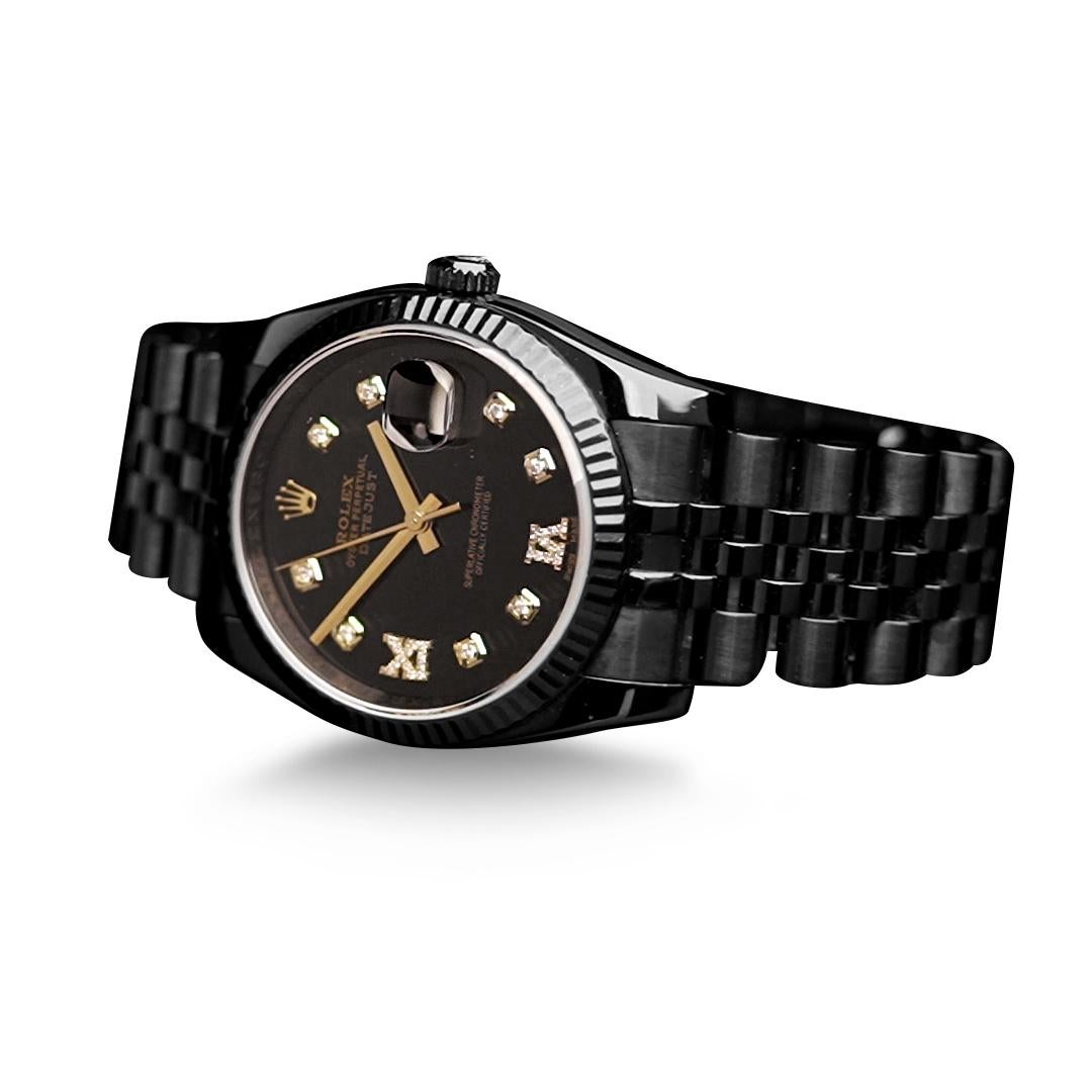 Rolex Herren PVD Datejust Uhr mit geriffelter Lünette und schwarzem römischem Diamant-Zifferblatt (Perle)