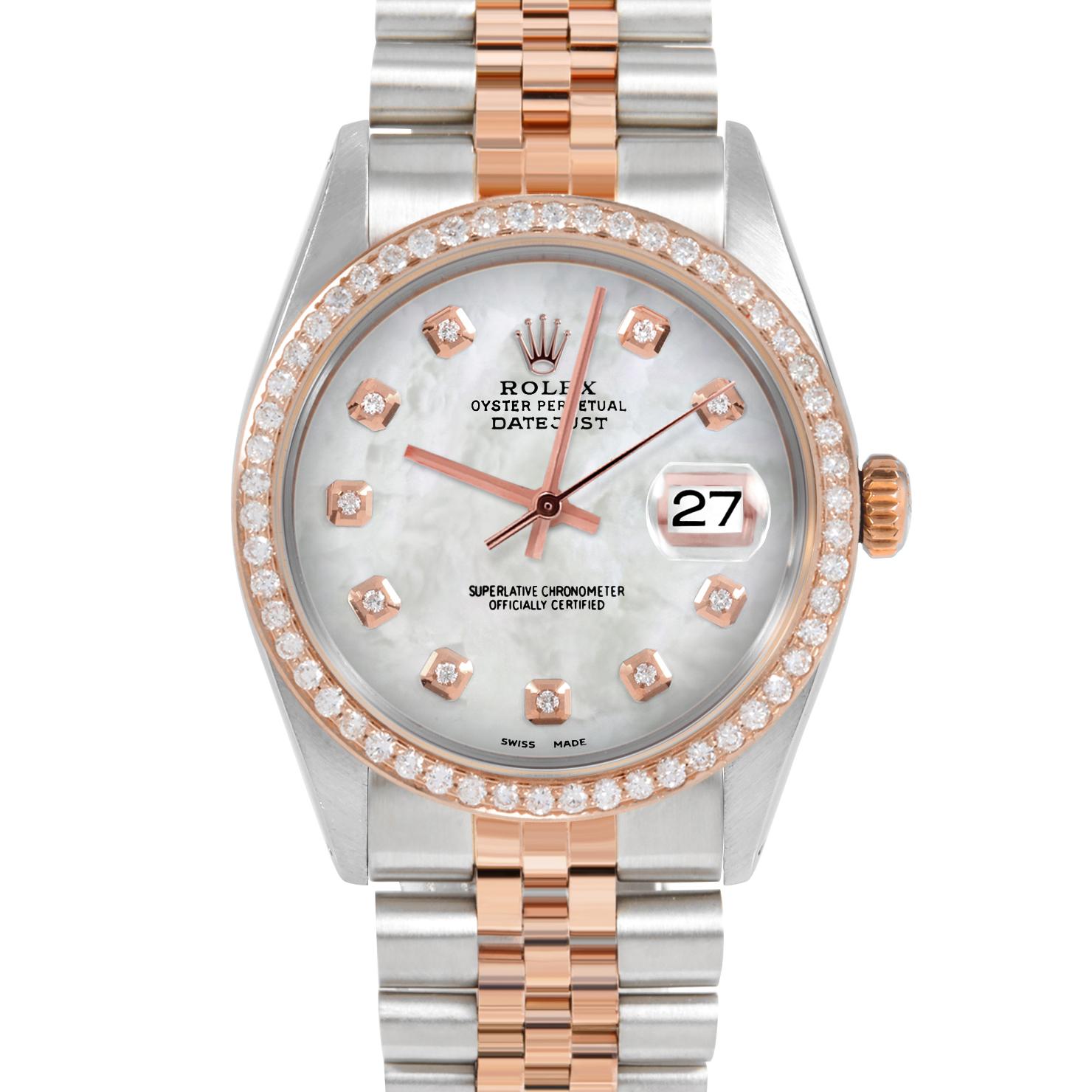 Brand : Rolex

Model : Datejust (Non-Quickset Model)

Gender : Mens

Metals : Rose Gold/Stainless Steel

Case Size : 36 mm

Dial : Custom Mother of Pearl Diamond Dial (This dial is not original Rolex And has been added aftermarket yet is a beautiful