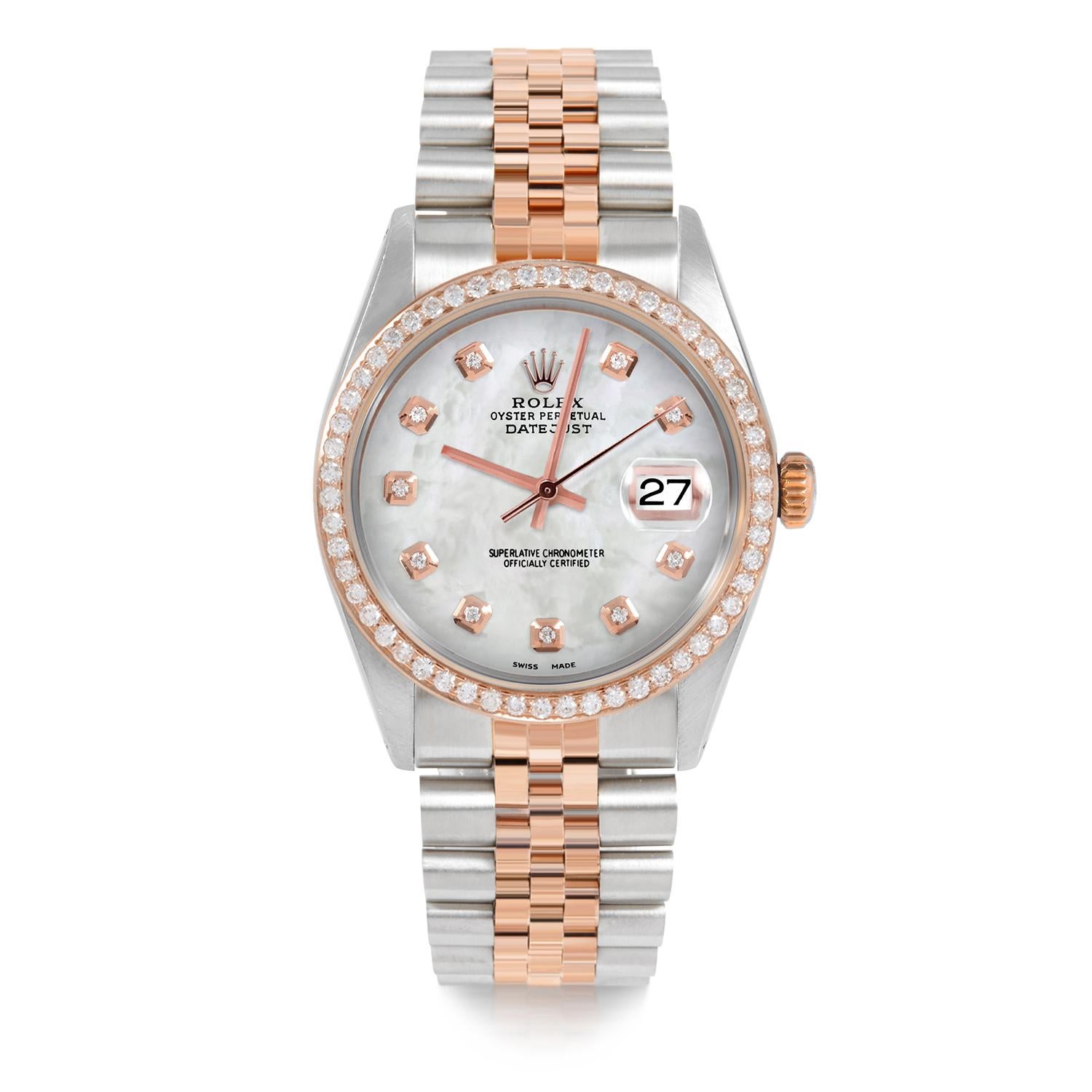 Bead Rolex Mens Rose Gold Datejust MOP Diamond Dial Diamond Bezel Watch For Sale