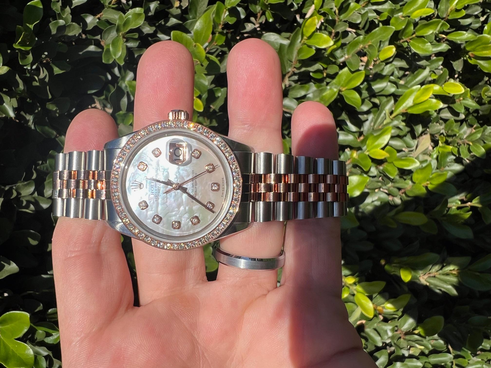 Rolex Mens Rose Gold Datejust MOP Diamond Dial Diamond Bezel Watch In Good Condition For Sale In San Fernando, CA