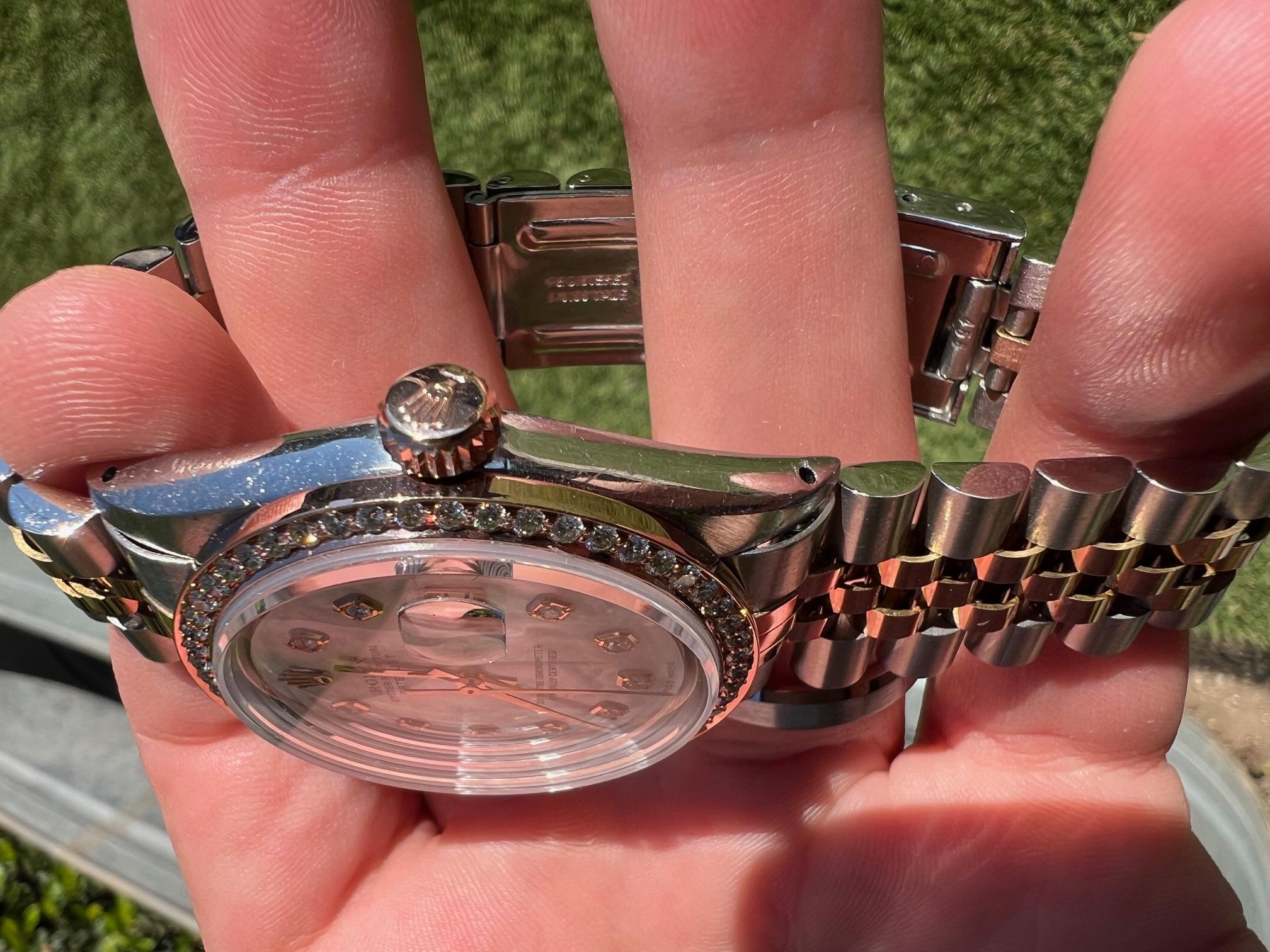 Men's Rolex Mens Rose Gold Datejust MOP Diamond Dial Diamond Bezel Watch For Sale