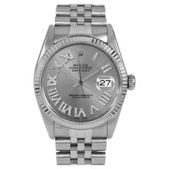 Used Rolex Mens SS Datejust Slate Roman Diamond Dial Fluted Bezel Jubilee Band Watch