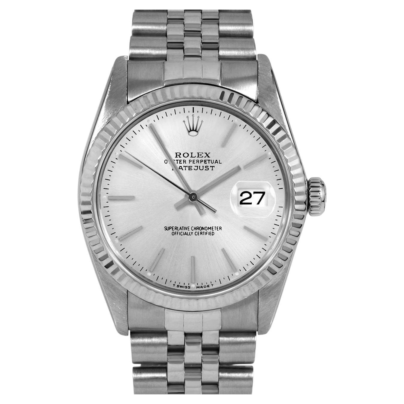 Rolex Mens Stainless Steel Datejust Silver Stick Dial Fluted Bezel Jubilee Watch For Sale