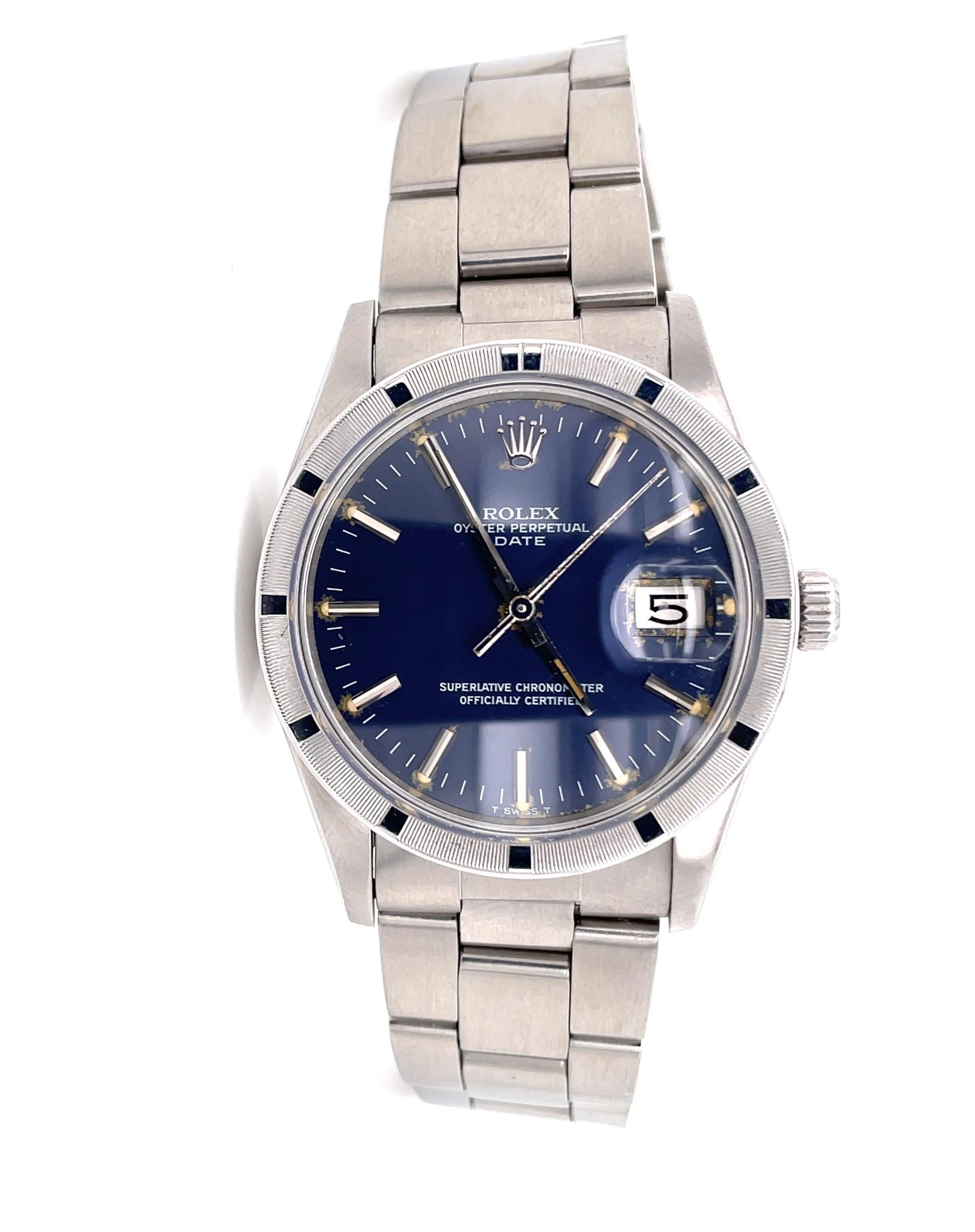 Beliebte Rolex Herrenarmbanduhr Modell 15010 mit 33mm Stahlgehäuse und Edelstahl Oyster-Armband.
Dieser Chronometer ist eine Uhr mit ewigem Datum und verfügt über ein fabrikneues 15010 Rolex Automatikwerk und ein neues Glas.  Ein klassisches