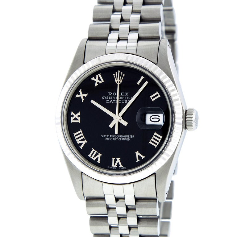 Pre-Owned Rolex Mens Datejust Black Dial 18K White Gold and Stainless Steel Watch 16014

WATCH DESCRIPTION

BRAND  -  Rolex

MODEL  -  Datejust - 16014

CASE SIZE   -  36mm

GENDER  -  Mens - Unisex

CASE  -  Rolex Stainless Steel Case

WATCH