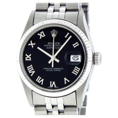 Rolex Mens Steel and 18K Gold Datejust Black Roman Datejust Wristwatch 