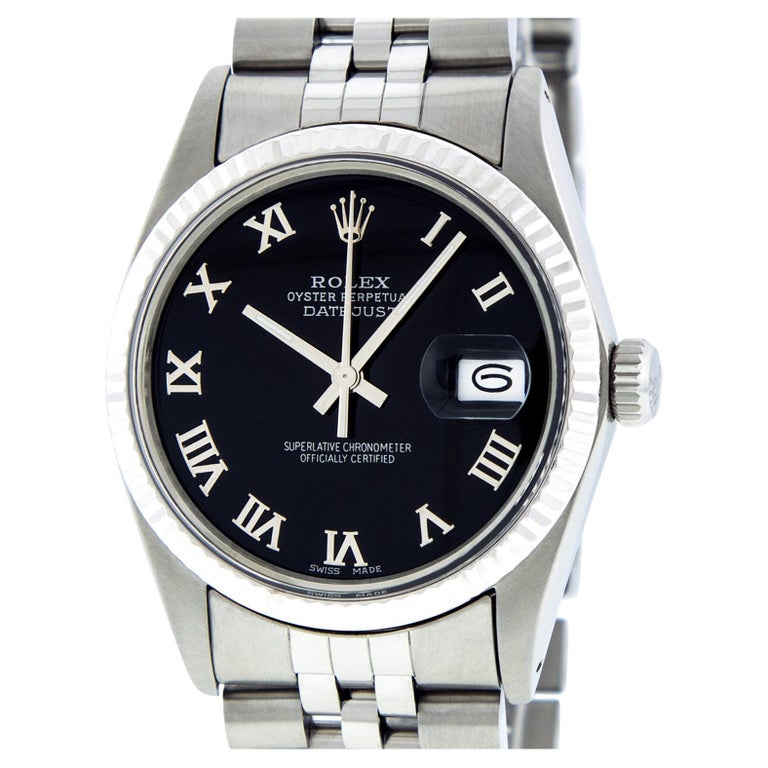 Rolex Mens Steel and 18K Gold Datejust Black Roman Datejust Wristwatch  For Sale